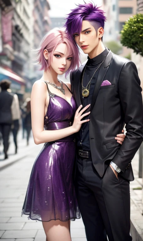 ​masterpiece, top-quality, 2Others, Male and female couples, 1 man and 1,, Adults, Height difference, different fashion, different color, finely eye and detailed face, intricate detailes, Casual clothing, window, A smile, Happiness, tenderness, husband and wife, high-level image quality、 selfee, Beautiful men and women、tall、The upper part of the body、nightfall、nighttime scene、𝓡𝓸𝓶𝓪𝓷𝓽𝓲𝓬、Korea person, Idol Photos, k pop, Professional Photos, Vampires, Korean fashion in black and white, Fedoman with necklace, inspired by Sim Sa-jeong, androgynous vampire, :9 detailed face: 8, extra detailed face, detailed punk hair, ((eyes are brown)) baggy eyes, Seductive. Highly detailed, semi realistic anime, Vampires, hyperrealistic teen, delicate androgynous prince, imvu, short hair above the ears, Man with short hair, With a purple-haired man with a wild expression, Pink-haired woman with gentle expression, ((With a short-haired man with bright purple hair)), ((Woman with long pink hair))