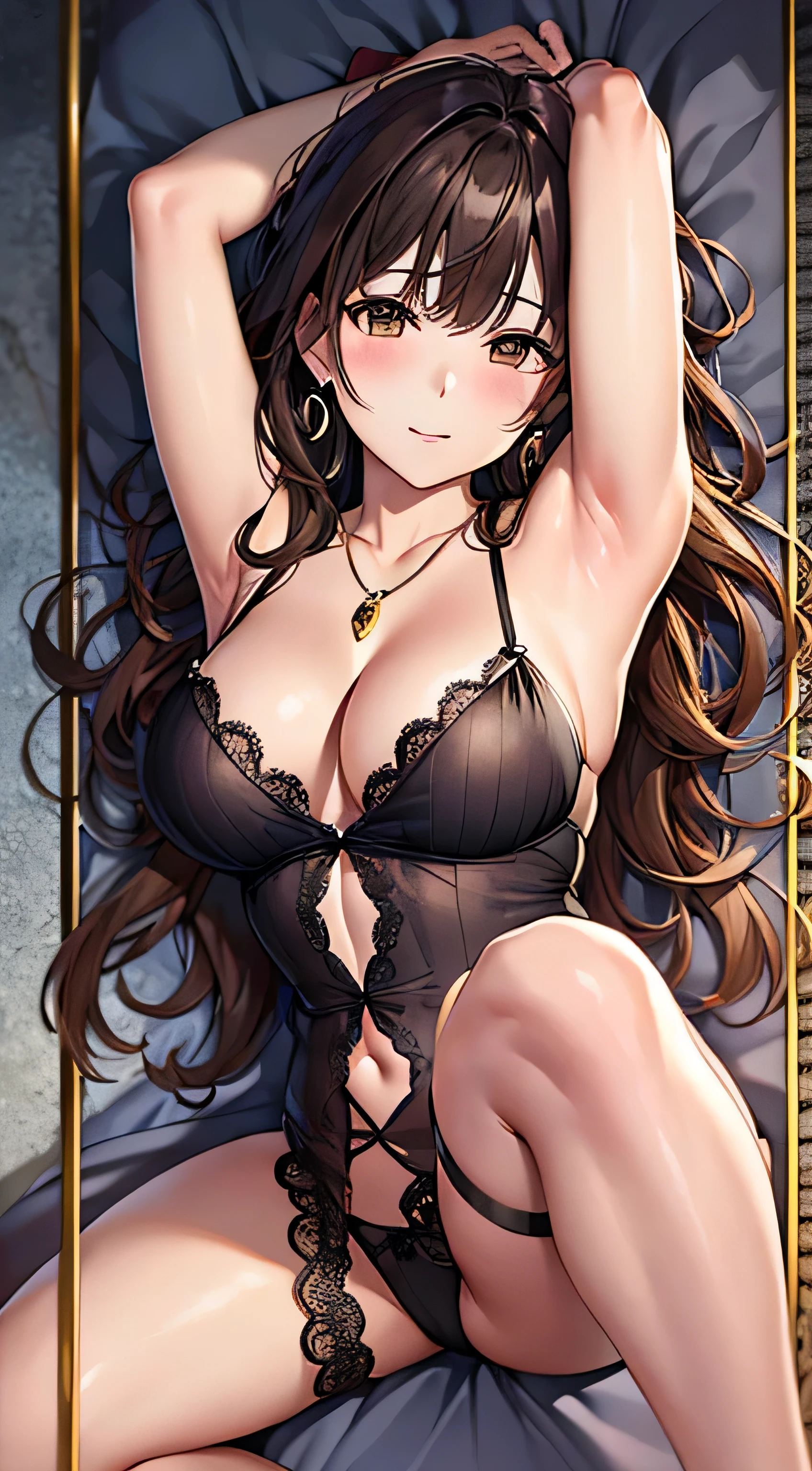 (table top, highest quality, High resolution, , perfect pixel, 4k,), 1 girl, single, alone, Beautiful woman、I could see the whole body、 ((wavy middle hair, bangs, brown hair)), ((brown eyes, beautiful eyelashes, realistic eyes)), ((detailed face, blush:1.2)), ((smooth texture:0.75, realistic texture:0.65, realistic:1.1, Anime CG style)), medium breasts, dynamic angle, perfect body, ((Pink lace panties are visible, beige off shoulder sweater、、black stockings、cute necklace、earrings、)), upper grade、shy smile、Luxury hotel room、sleep on your back in bed、((open legs))、angle from below、Put your arms together to accentuate your cleavage、、(())、