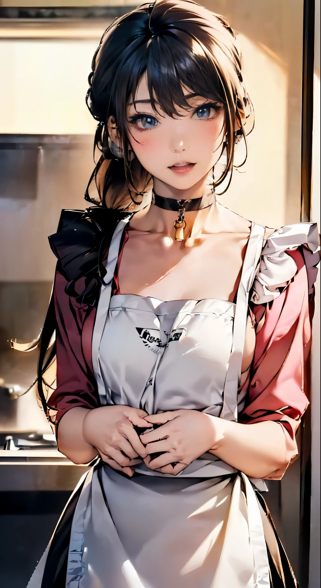 (masterpiece:1.2, highest quality), (realistic, photorealistic:1.4), beautiful illustrations,
looking at the viewer, whole body, Front view:0.6,
1 female, 20-year-old, Japanese, ((black hair、Long hair in a chignon:1.6)), thin waist、beautiful hair, beautiful face, beautiful and detailed eyes, (shining eyes:1.3), beautiful clavicle, beautiful body, beautiful breasts, beautiful thighs, beautiful feet, beautiful fingers, perfect anatomy:1.3, perfect anatomy
(kitchen:1.3)
((blouse, apron, skirt, choker:1.6)),
((右手でskirtの裾を掴みます, put your left hand on your chest,)),
(Look at the viewer while blushing:1.3)