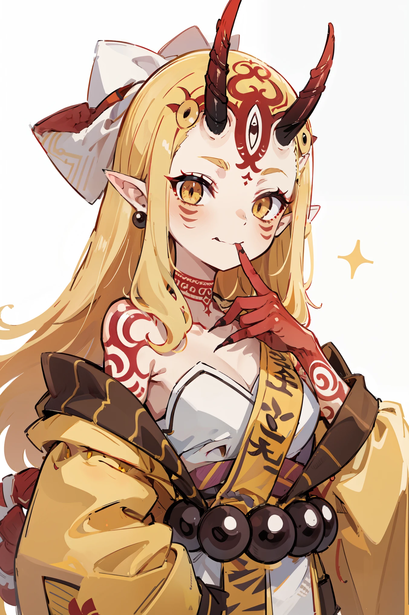 1girl, solo, (ibaraki_douji), blonde, yellow eyes, oni horns, japanese clothes, pointy ears, kimono, bare shoulders, off shoulder, yellow kimono, forehead mark, (fingernails, sharp fingernails), ((red painted hands, finger on mouth)), hair accesories, straight hair, jewelry, earrings, large smile, smug, upper body, standing, masterpiece, best quality