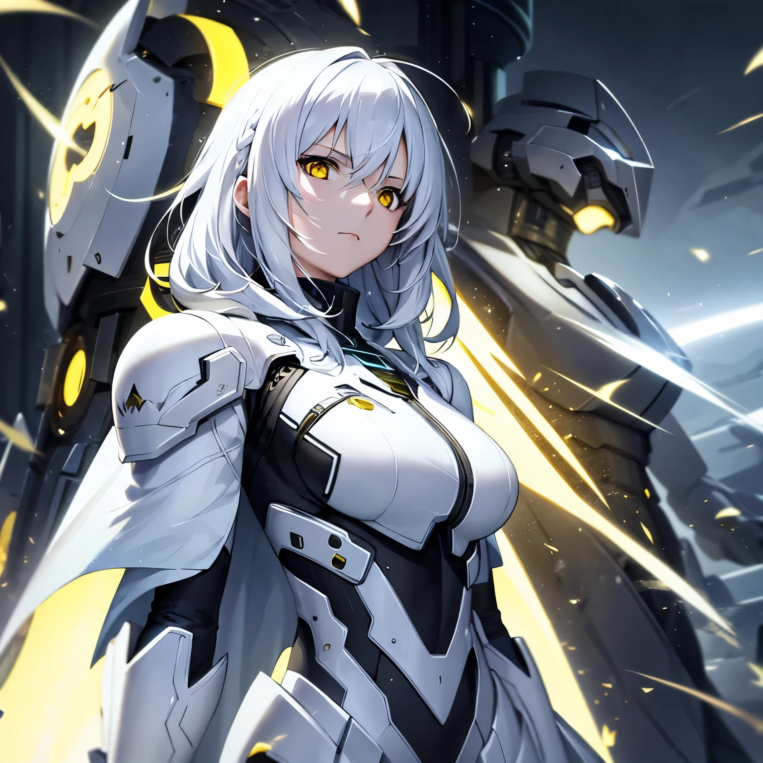 short hair, concentrated face, white hair, yellow eyes, combat suit, full white metal armor, android, human appearance, adult woman, cape, looking sideways, circular chest reactor