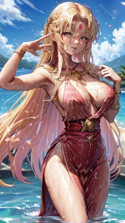 blonde very long hair, red eyes, wearing a sexy pink dress, side slit, ultrasharp, looking at the viewer, ((best quality)), ((masterpiece)), (detailed), perfect face, big breast, sexy body, sexy woman besides her, hugged, An anime scene of two girls hugging and kissing intensely, with hearts and sparkles floating around them as they stand in pool of water