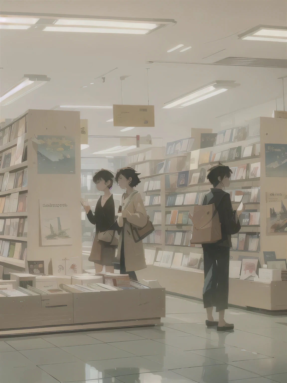 There are people standing in a bookstore and looking at books., in style of Makoto Shinkai, style of Makoto Shinkai, guweiz and Makoto Shinkai, Makoto Shinkai style, Makoto Shinkai art style, Makoto Shinkai. —h 2160, ( ( Makoto Shinkai ) ), by Makoto Shinkai