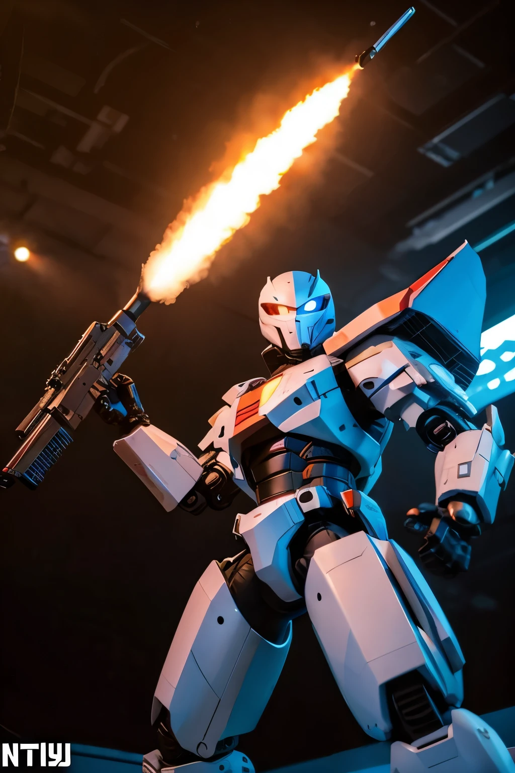 robot universe missile flying holding a gun