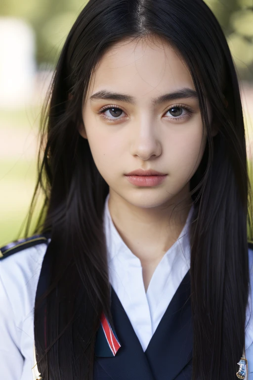 ( masterpiece, top quality, best quality,8k,************ girl,ultra detailed,raw photo:1.5),(photorealistic:1.4), (long black hair:1.5), (cinematic lighting), PerfectNwsjMajic, , Surrealism, UHD, ccurate, Super detail, textured skin, High detail, Best quality, dynamic angle, (high nose,White skin),[Beautiful blue eyes],[flat chest:large breasts:0.5],(1girl),(good anatomy:0.5)),(outside:1.5),Homely uniform 