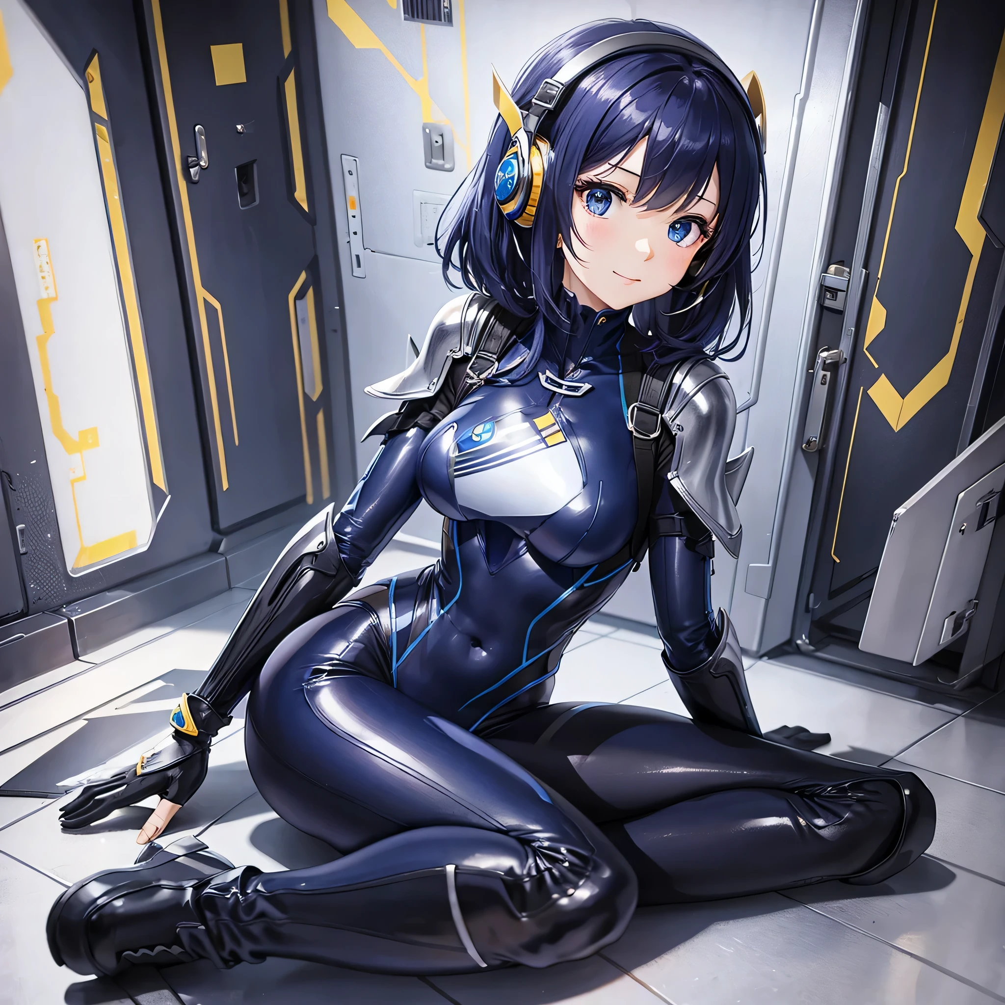 Tight navy and black pilot suit with enamel effect