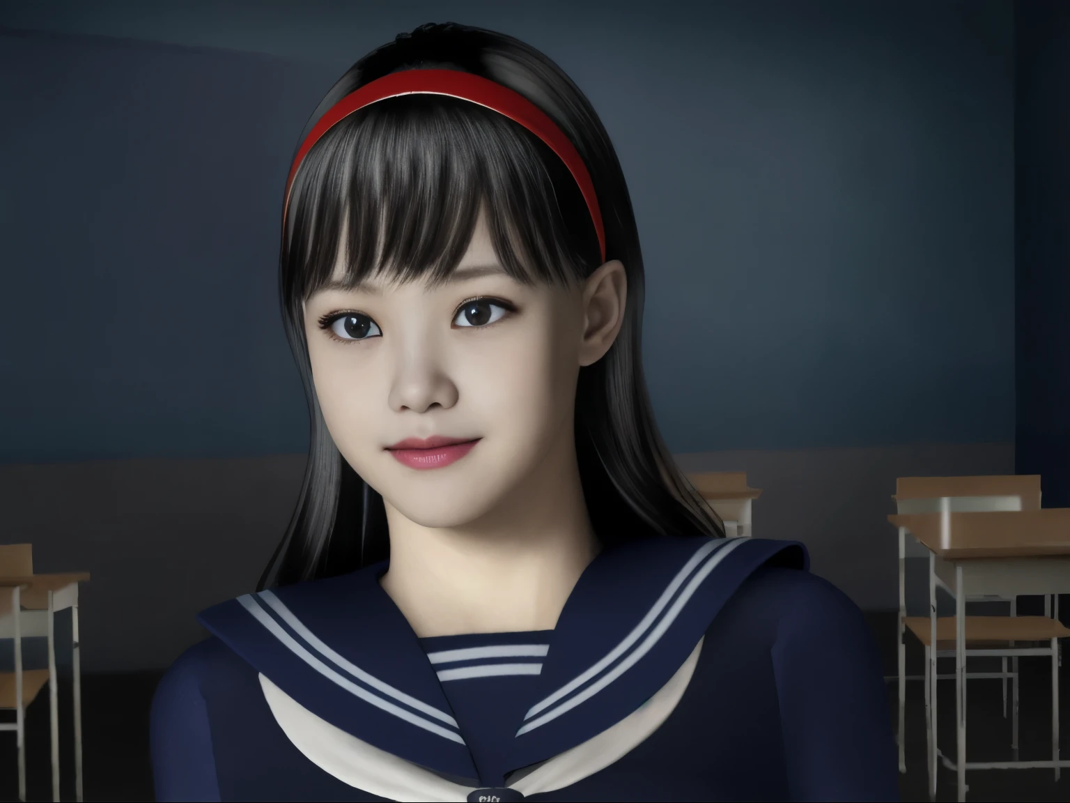 (dark photo、unity、8k wallpaper)、(very delicate and beautiful)、(masterpiece)、(highest quality:1.2)、(超A high resolution:1.3)、(beautiful realistic asian),beautiful lighting、perfect lightning、realistic shadow、fine skin、Super detailed、detailed face and eyes、realistic eyes、sharp pupils、Huge , inside the classroom、School、sunset、beautiful face、blurred background、(japanese woman)、shiny skin、side up、美しいblack hair、dull bangs、Japan High School Sailor Uniform、pleated mini skirt、gentle smile, ((table top, highest quality)), (shiny skin), cinematic lighting, Physically based rendering, award-winning, highly detailed skin, highly detailed face, Beautiful eyes in every detail, Carl Zeiss 85mm F/1.4, (Standing position), (cumin , on the chest and thighs), she'She's a very cute 16 year old , (black hair, straight long hair, open your eyes, blush), big cleavage, (sailor blouse, Pull up the pleated skirt yourself:1.3), watching from a distance, (navy knee socks, thigh focus),art by、