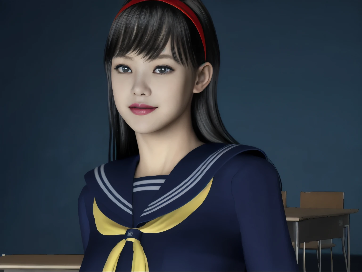 (dark photo、unity、8k wallpaper)、(very delicate and beautiful)、(masterpiece)、(highest quality:1.2)、(超A high resolution:1.3)、(beautiful realistic asian),beautiful lighting、perfect lightning、realistic shadow、fine skin、Super detailed、detailed face and eyes、realistic eyes、sharp pupils、Huge , inside the classroom、School、sunset、beautiful face、blurred background、(japanese woman)、shiny skin、side up、美しいblack hair、dull bangs、Japan High School Sailor Uniform、pleated 、gentle smile, ((table top, highest quality)), (shiny skin), cinematic lighting, Physically based rendering, award-winning, highly detailed skin, highly detailed face, Beautiful eyes in every detail, Carl Zeiss 85mm F/1.4, (Standing position), (cumin , on the  and thighs), she'She's a very cute 16 year old , (black hair, straight long hair, open your eyes, blush), big , (sailor blouse, Pull up the pleated skirt yourself:1.3), watching from a distance, (navy knee socks, thigh focus),art by、 