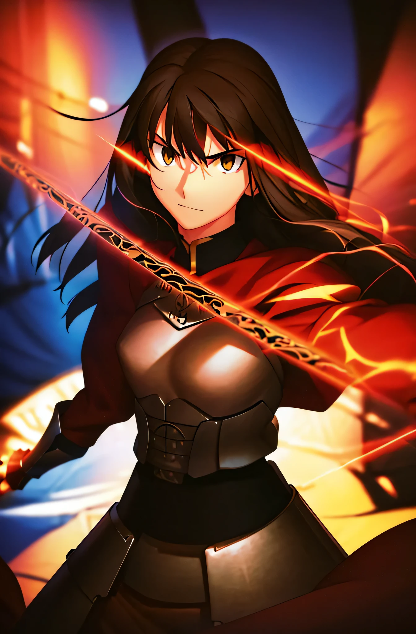 8k, masterpiece, highest quality, best quality, official art, beautiful and aesthetic, extremely detailed, (fractal art: 1.3), colorful, highest detailed, perfect face, athletic upper body, HDR, sexy, wide hips, athletic figure, Detailed face, Detailed eyes, brown eyes, perfect face, perfect eyes, ( 1mal, 1knight, slim waist, handaome face, pretty face, long brown hair, sharp jawline, tannned skin, sharp jawline, browm eyes, light armor, hero suit, black lipstick, black eyeshadow, brown hair, wolf cut. Standing, menacing pose, strong pose, holding sword, holding a claymore sword, holding a greatsword