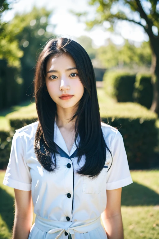 ( masterpiece, top quality, best quality,8k,17 years old girl,ultra detailed,raw photo:1.5),(photorealistic:1.4), (long black hair:1.5), (cinematic lighting), PerfectNwsjMajic, , Surrealism, UHD, ccurate, Super detail, textured skin, High detail, Best quality, dynamic angle, (high nose,White skin),[Beautiful blue eyes],[flat chest:large breasts:0.5],(1girl),(good anatomy:0.5)),(outside:1.5),Homely uniform 