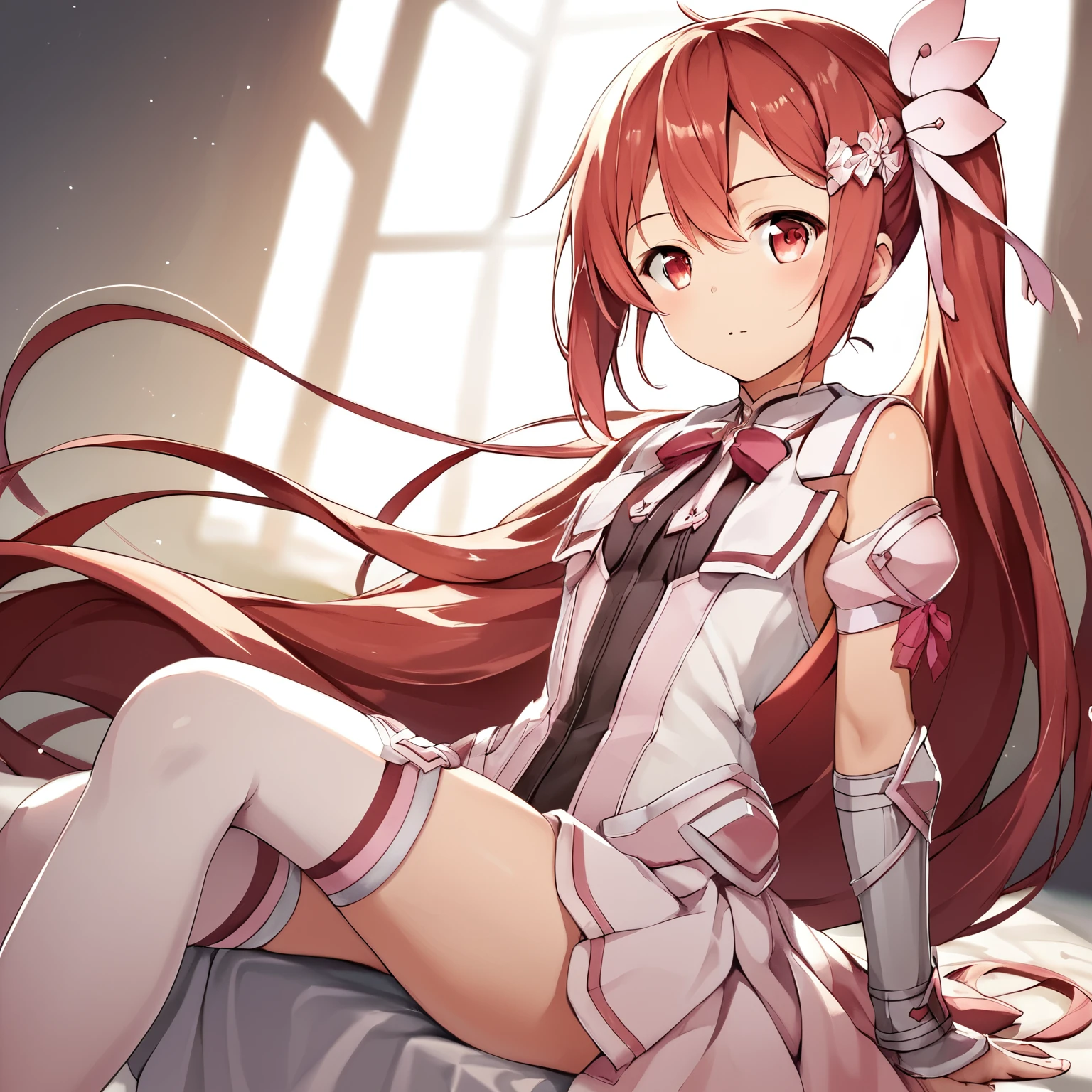 score_9, score_8_up, score_7_up, score_6_up, score_5_up, score_4_up, BREAK source_anime,
1girl, solo, looking at viewer, hair ornament, red eyes, thighhighs, ribbon, very long hair, hair ribbon, red hair, hair flower, side ponytail, magical girl, anime, (high quality, detailed, beautiful), shiny, detailed beautiful eyes, outstanding, countershading, detailed soft lighting, an exquisite animation illustration,