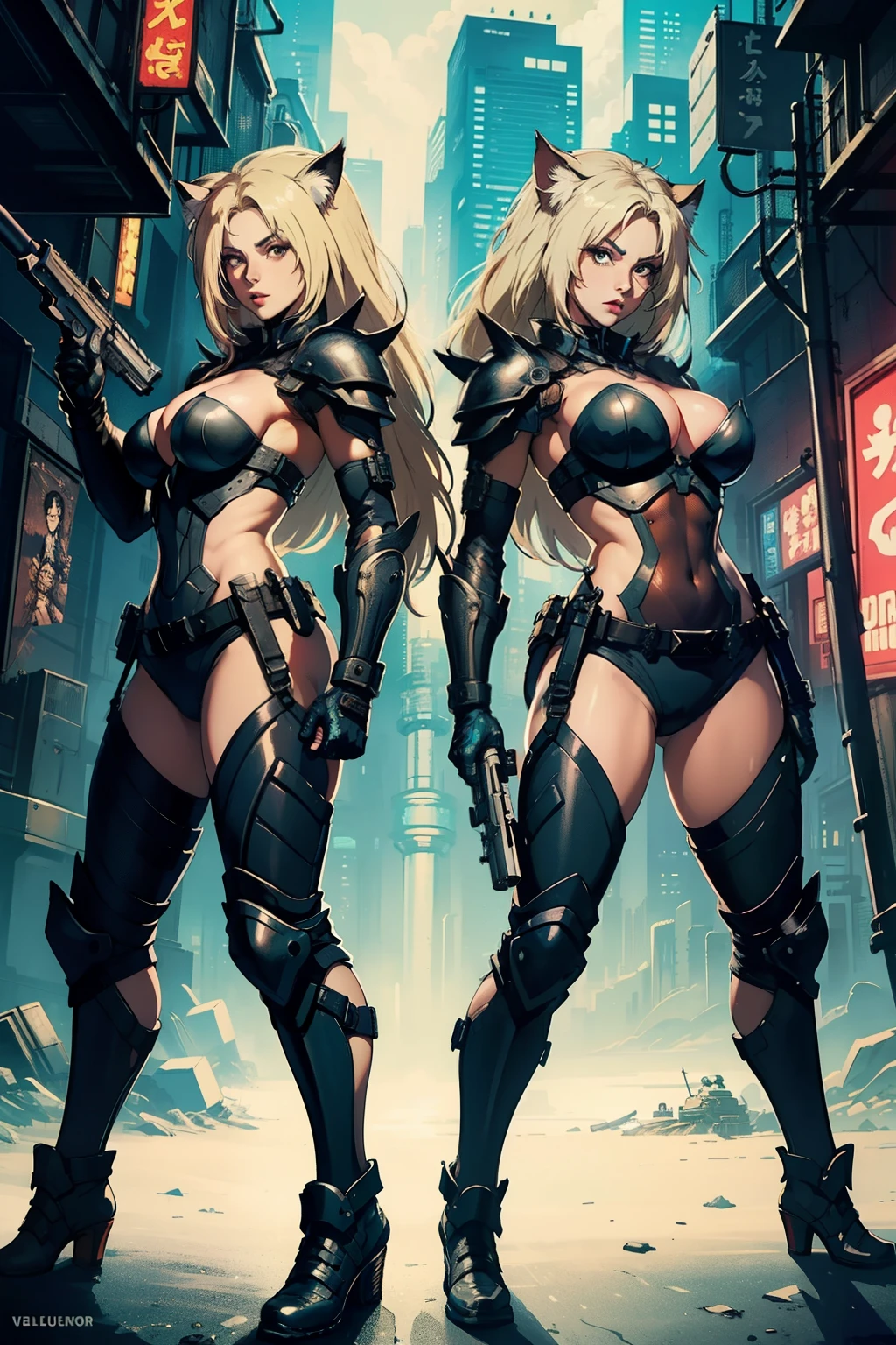 ((highest quality)), ((masterpiece)), (be familiar with), High definition, 8K, perfect face、2 women、Two women side by side、tall、2 Blonde cat ears、2. Long Hair、2. Volumetric hair style、big breasts、constricted waist、big ass、glamorous、Glamorous、protector、Armor、combat suit、combat boots、armed、Equipped with large firearms、Posing in front of a tank、cinematic、best shadow、side lighting、NEO TOKYO