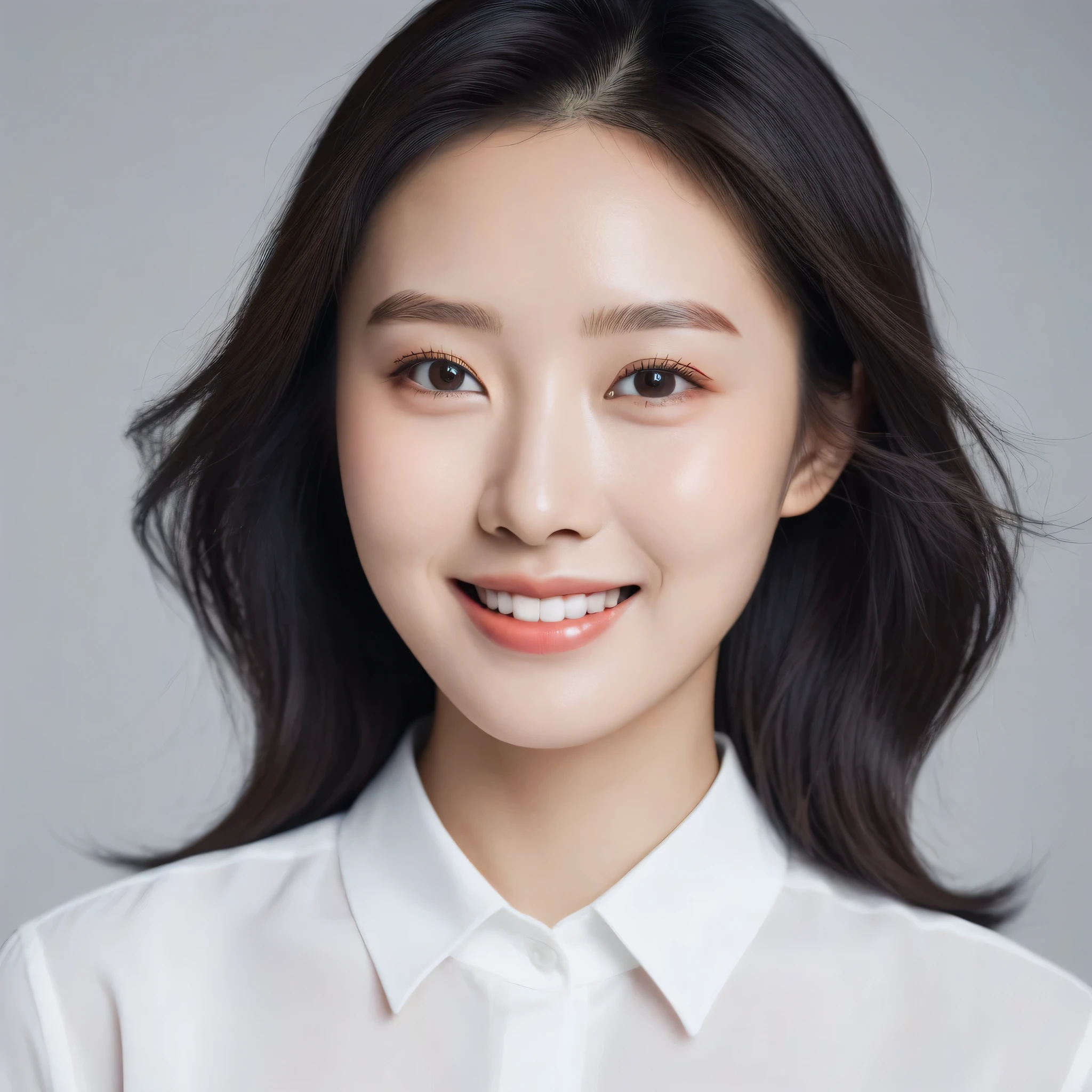 portrait photography,high-resolution portrait,Close-up portrait,likely in her 20s,Asian features,delicate facial features,clear skin,subtle makeup emphasizing natural beauty,joyful expression,dark hair,crisp white shirt,subtle,modern,realistic,reality,simple_background,(((portrait))),incredibly absurdres,