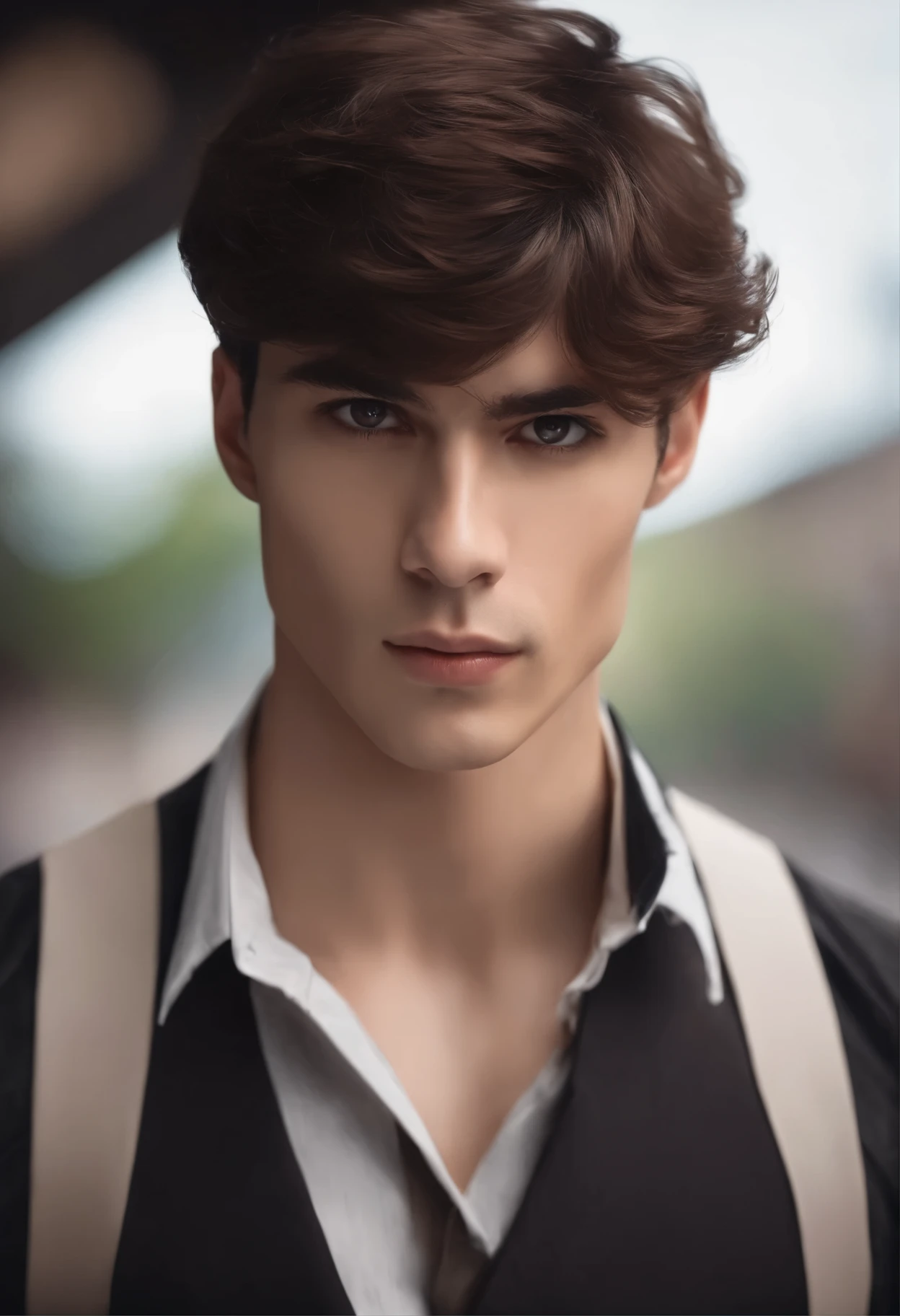 Dark brown haired young man,witty,Neatly dressed,Strong and vigorous,Have bangs(Micro roll),Remove any background