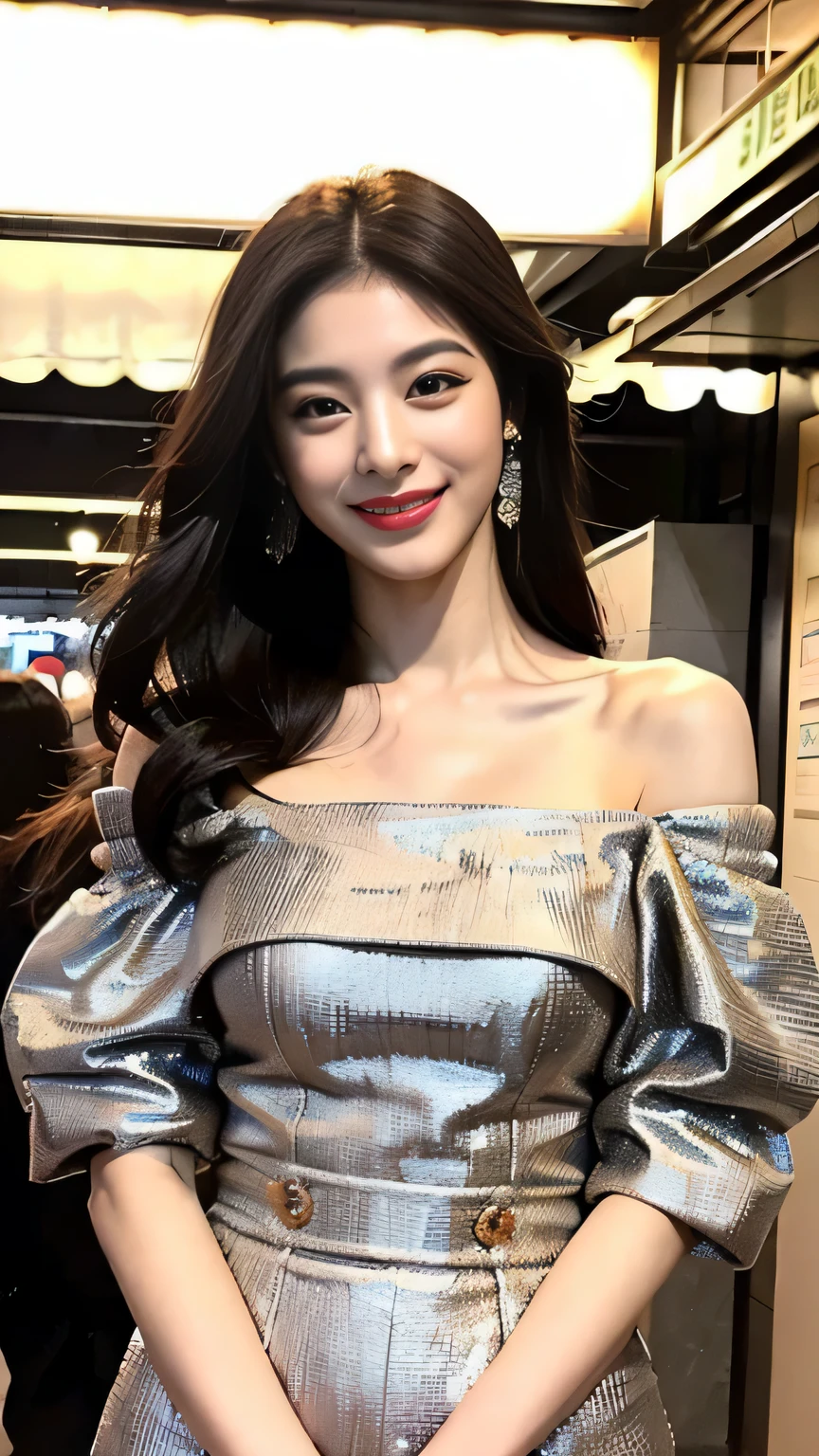((Highest quality, 8 thousand, Masterpiece :1.3)), (beautiful body:1.2), The page is very detailed., Detailed eyes, Double eyelids, smiling face, long hair, she is the one, Amazing off-the-shoulder dress, Famous street in Korea, big indian road, (Korean club outfit:1.4)