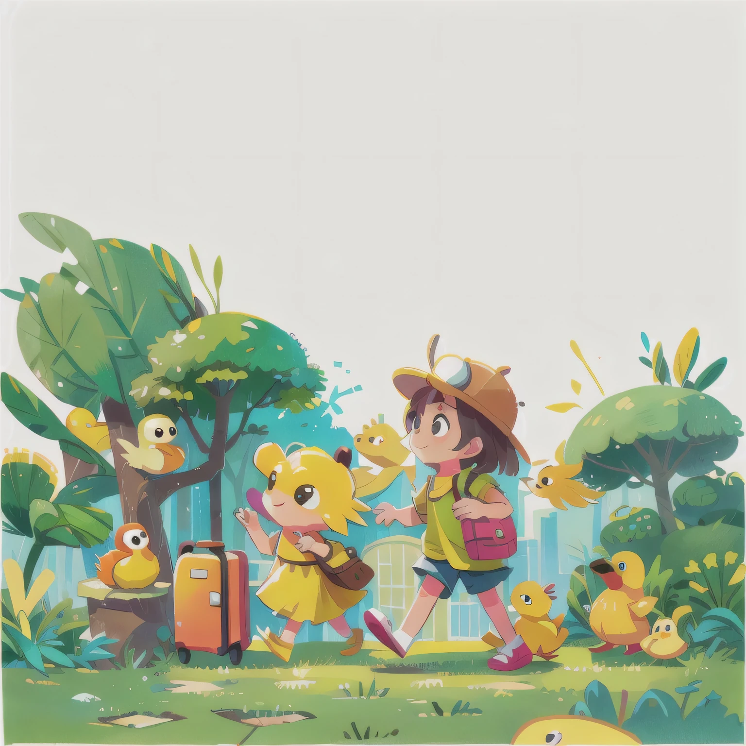 A little yellow duck holding a suitcase, In the cute sketch style of a traveling frog,Happily exploring the unknown world.