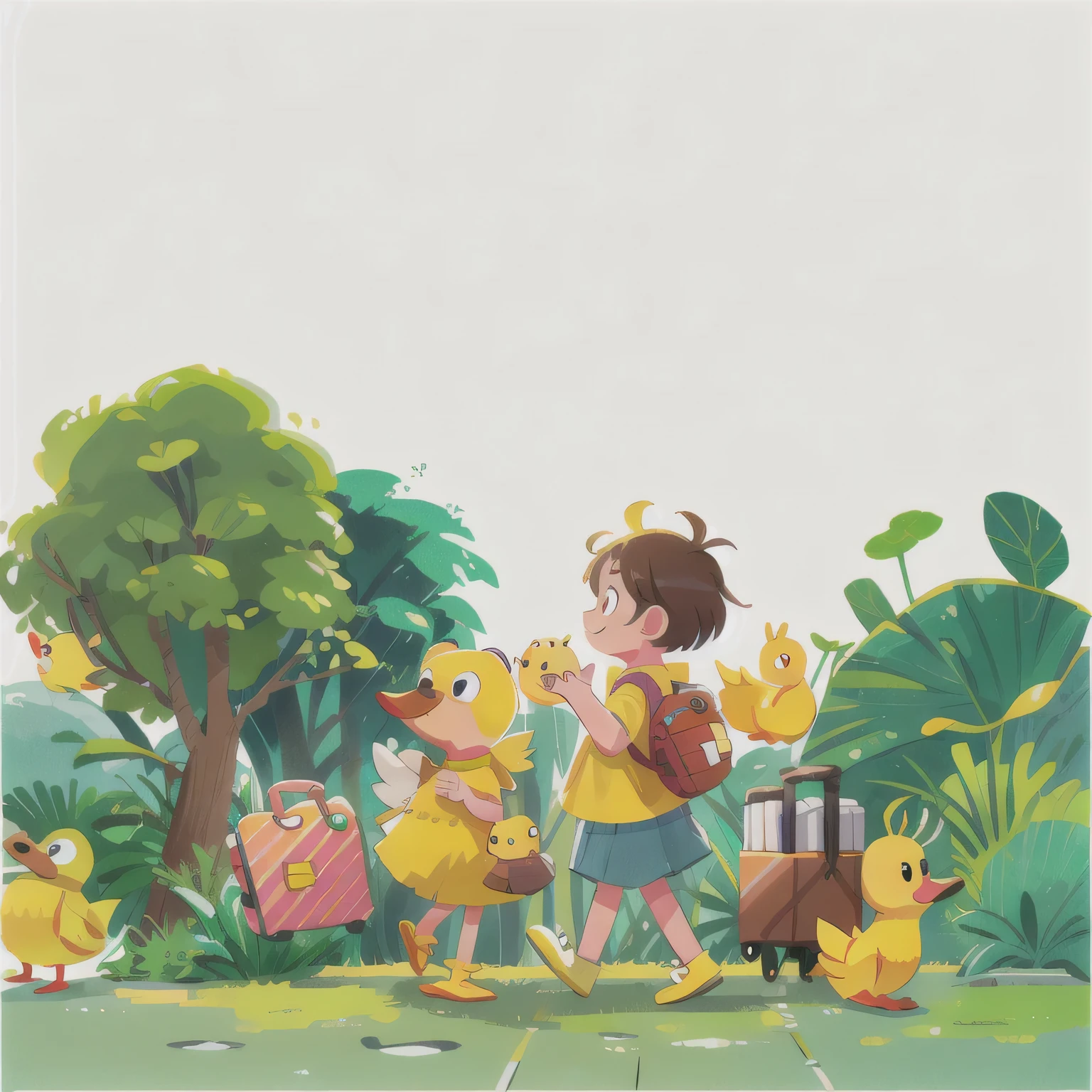A little yellow duck holding a suitcase, In the cute sketch style of a traveling frog,Happily exploring the unknown world.