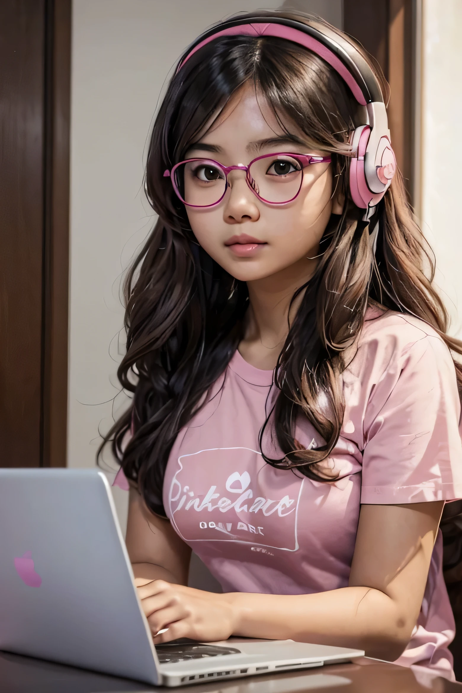 Detailed face of half body photo. 25 year old Indonesian girl with a sweet face, big round face and long brown wavy hair, round glasses, wearing a strict pink T shirt, with a pink headset playing with a laptop while sitting at the table in the room in a luxurious room with a scared facial expression