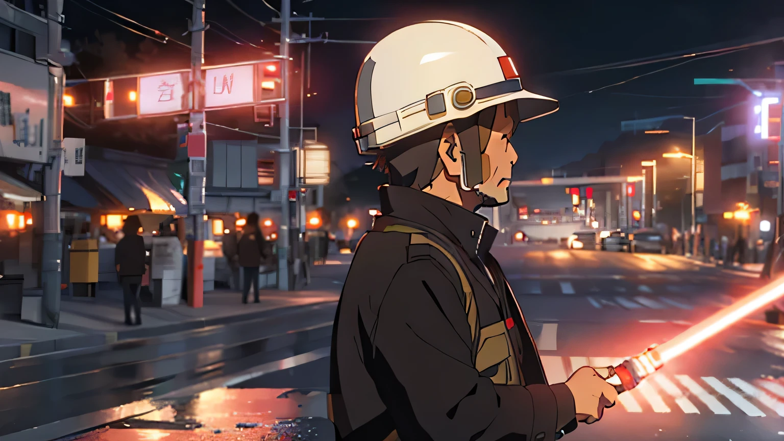 Road construction site late at night、A man in his 50s wearing work clothes and a helmet、Turn on the red lightsaber、Directing traffic、Close-up of upper body profile