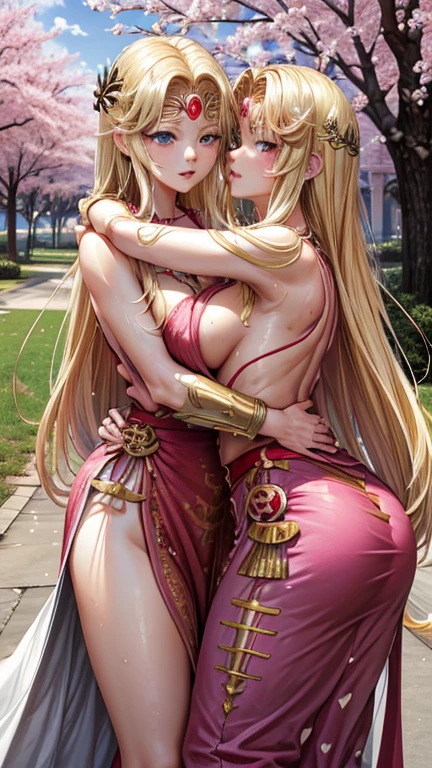 blonde very long hair, red eyes, wearing a sexy pink dress, ultrasharp, looking at the viewer, ((best quality)), ((masterpiece)), (detailed), perfect face, big breast, sexy body, sexy woman besides her, hugged, An anime scene of two girls hugging and kissing intensely, with hearts and sparkles floating around them as they stand under the cherry blossoms in a dreamy park