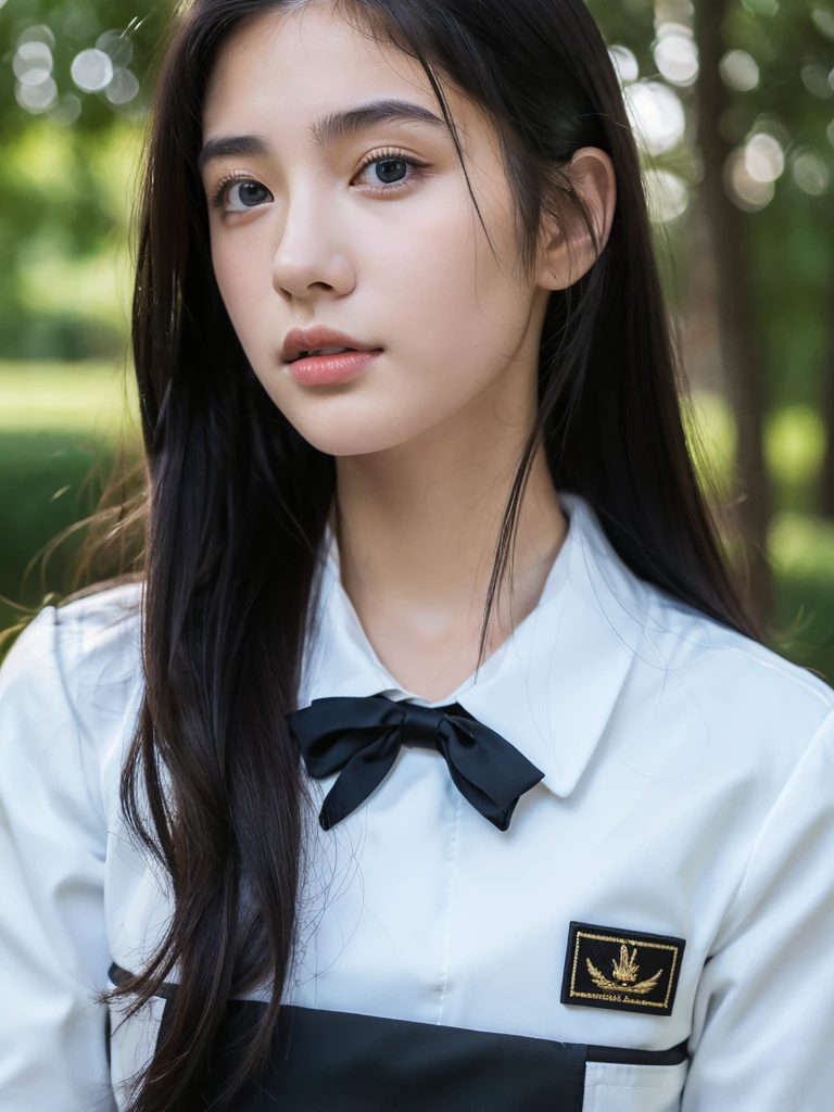 ( masterpiece, top quality, best quality,8k,17 years old girl,ultra detailed,raw photo:1.5),(photorealistic:1.4), (long black hair:1.5), (cinematic lighting), PerfectNwsjMajic, , Surrealism, UHD, ccurate, Super detail, textured skin, High detail, Best quality, dynamic angle, (high nose,White skin),[Beautiful blue eyes],[flat chest:large breasts:0.5],(1girl),(good anatomy:0.5)),(outside:1.5),Homely uniform 