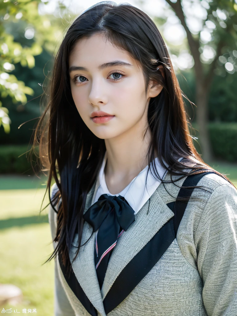 ( masterpiece, top quality, best quality,8k, girl,ultra detailed,raw photo:1.5),(photorealistic:1.4), (long black hair:1.5), (cinematic lighting), PerfectNwsjMajic, , Surrealism, UHD, ccurate, Super detail, textured skin, High detail, Best quality, dynamic angle, (high nose,White skin),[Beautiful blue eyes],[flat chest:large breasts:0.5],(1girl),(good anatomy:0.5)),(outside:1.5),Homely uniform 