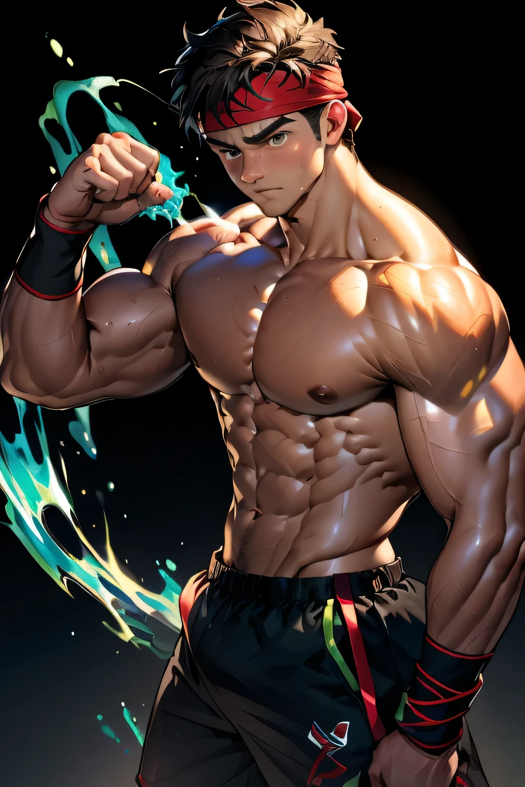 (Masterpiece, Best quality 19 year old boy, black background), solo, Young, boy, muscler, Shirtless, topless, (Dark Short straight hair, under cut, brown eyes), (red headband, ((black wristband))), Vivid colors, (hot Abs:1.2, abs!, big abs, big breast:1.2, chest!, muscler upper arms, clenched fist), (topless male), muscler!, muscler body, Man with martial arts stance, (aura power:1.4), detailed face, detailed muscle, (((A magical turquoise mystical aura, random fighting pose, powerful, action, rippling muscles, fighting with enemy, concentrate, Fotografia de combate)))