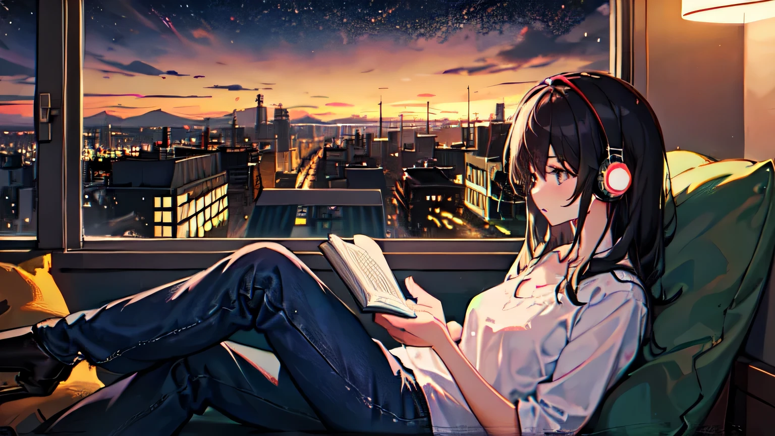 ((1 girl))、black hair、Quiet room at night、((Night view outside the window))、relaxed look、reading a book、coffee、headphone、warm lighting