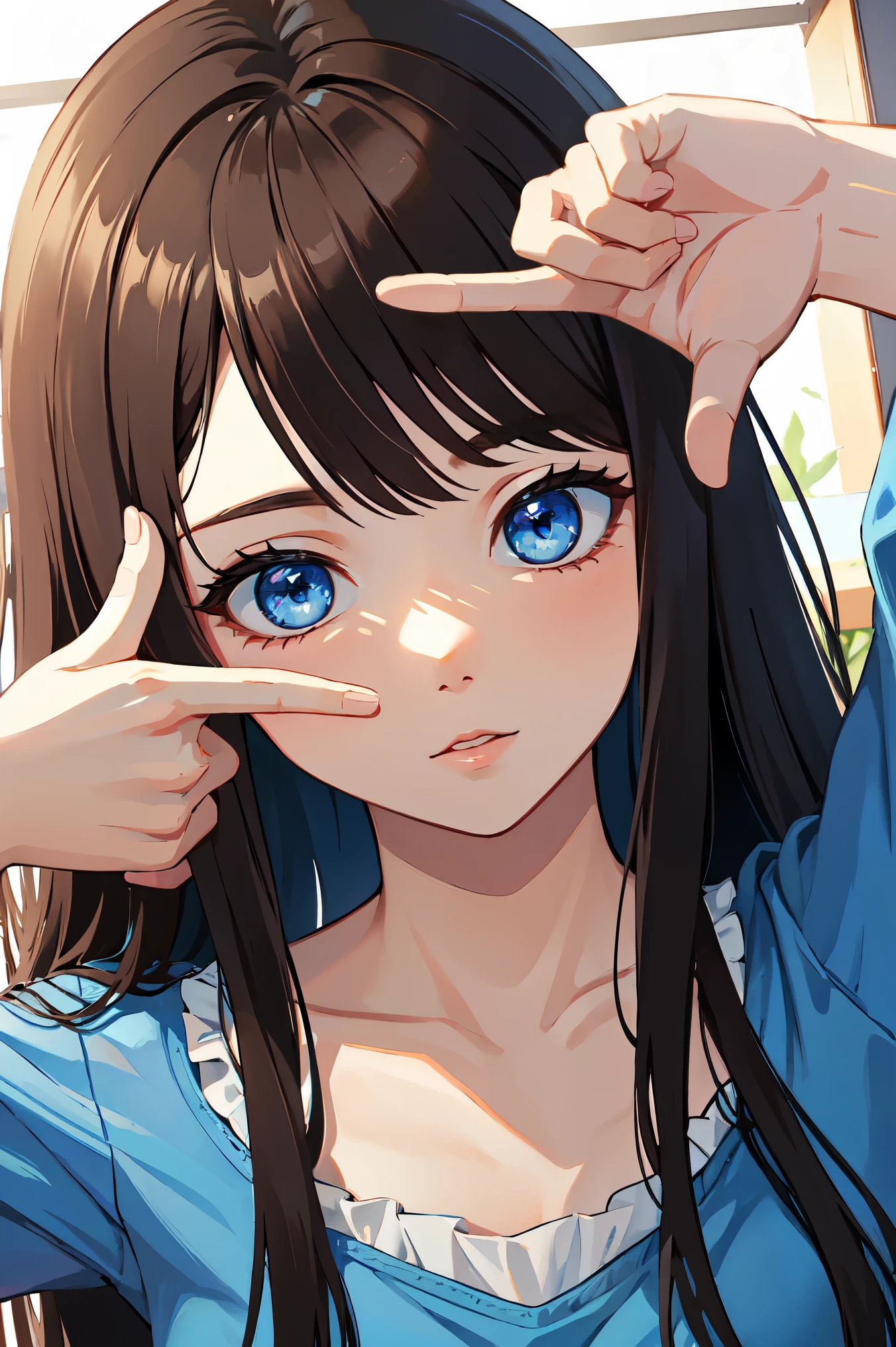 masterpiece、high resolution、high quality、Delicate、ultra high resolution、8K、One female、brown hair、long hair、blue eyes、dense lips、blue one piece、perfect hands