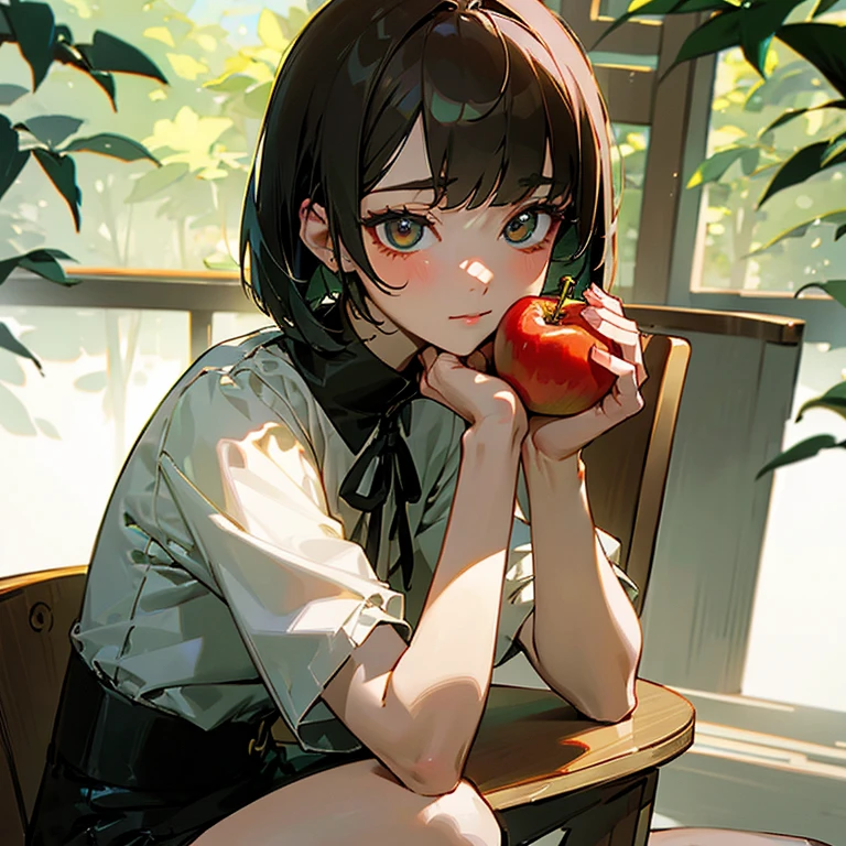 masterpiece、delicate details、shirt、cutter shirt、Chair、restraint、Chair、apple、holding an apple in hand、Big Apple、red、modest chest、thin waist、athlete、sexy、while taking off clothes、Slender beauty、Your face is so cute、Bangs Patsun、Cropped Bob Cut、spats、long eyelashes、Big eyes、light makeup、forest、forest林、beautiful feet、attractive appearance、