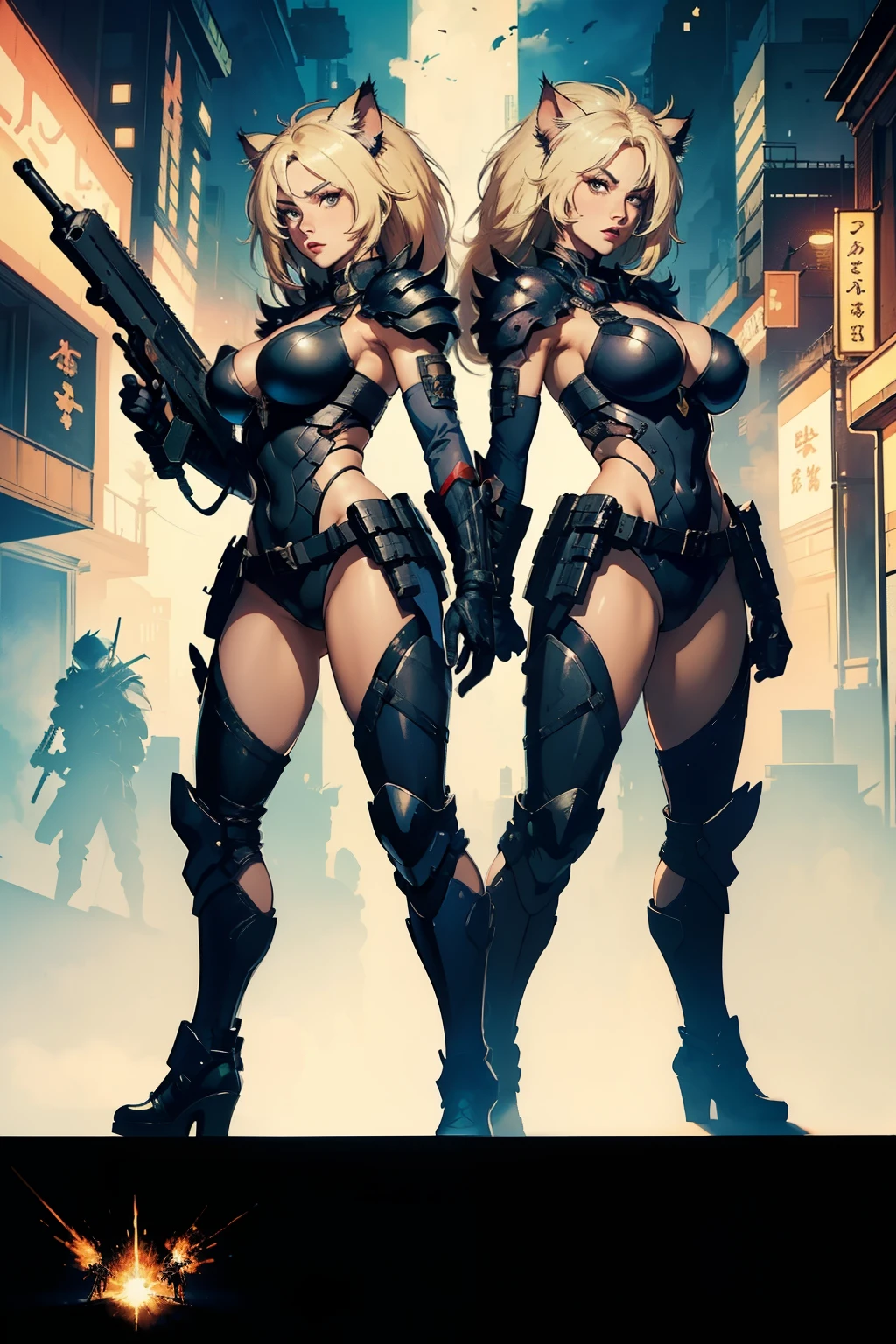 ((highest quality)), ((masterpiece)), (be familiar with), High definition, 8K, perfect face、(action scene)、2 women、Two blonde women with cat ears、tall、2 Blonde cat ears、2. Long Hair、2. Volumetric hair style、big breasts、constricted waist、big ass、glamorous、Glamorous、protector、Armor、combat suit、combat boots、armed、Equipped with large firearms、Posing in front of a tank、cinematic、best shadow、side lighting、NEO TOKYO、explosion、Gunfight