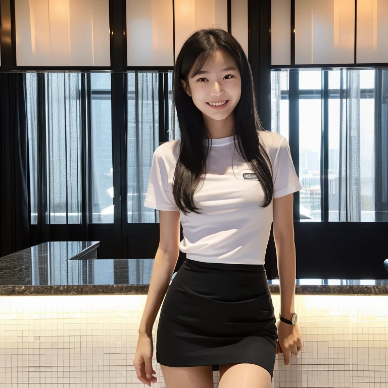 4k, cute and skinny Korean woman,18yo, (Black business tight skirt:1.5), ((white:1.5) transparent thin t-shirt), ((all four:1.5)), concierge, smiling, innocent,at hotel lobby, many women in background, detailed face and eyes, natural arms, (((black:1.5))) tight mini skirt