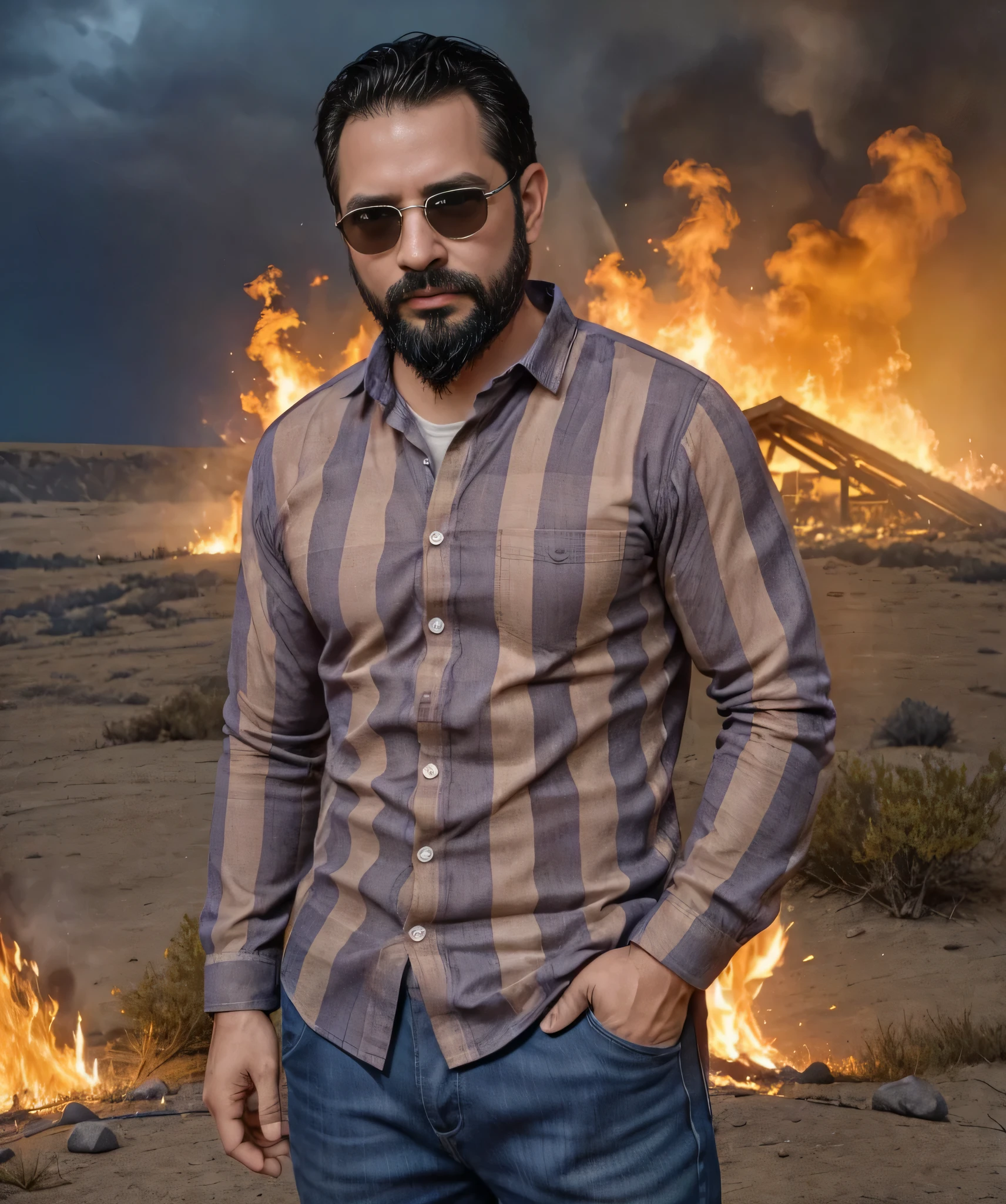 Obra maestra, desenfoque de campo, Parte superior del cuerpo, hands in pants pockets , 38 year old man with beard and square sunglasses. Man wearing a plaid shirt in an action movie with a fire storm in the background. Hay una nave extraterrestre en el cielo.