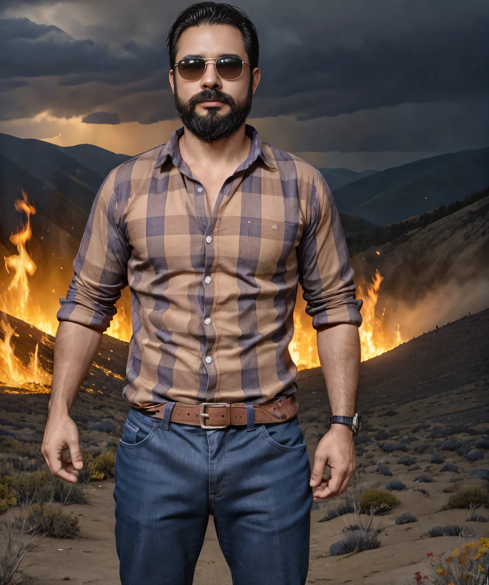 Obra maestra, desenfoque de campo, Parte superior del cuerpo, hands in pants pockets , 38 year old man with beard and square sunglasses. Man wearing a plaid shirt on a mountain with a fire storm in the background. Hay una nave extraterrestre en el cielo.