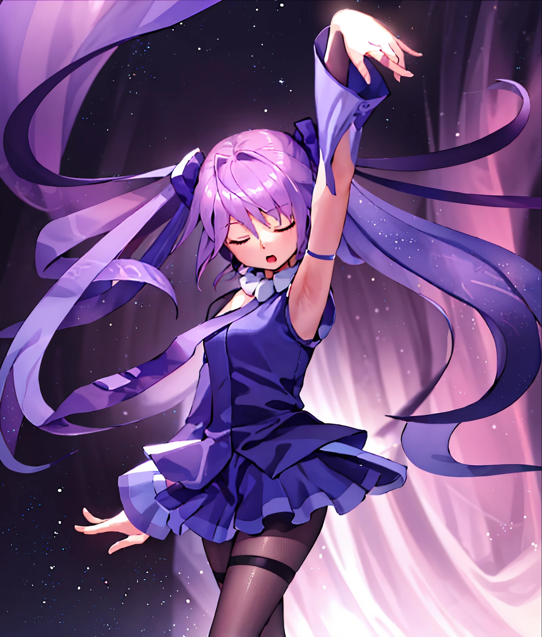 one girl,dancing,raising hands,5 details fingers,detail face,close eyes,blue purple hair,light pink dress,cg,4k,