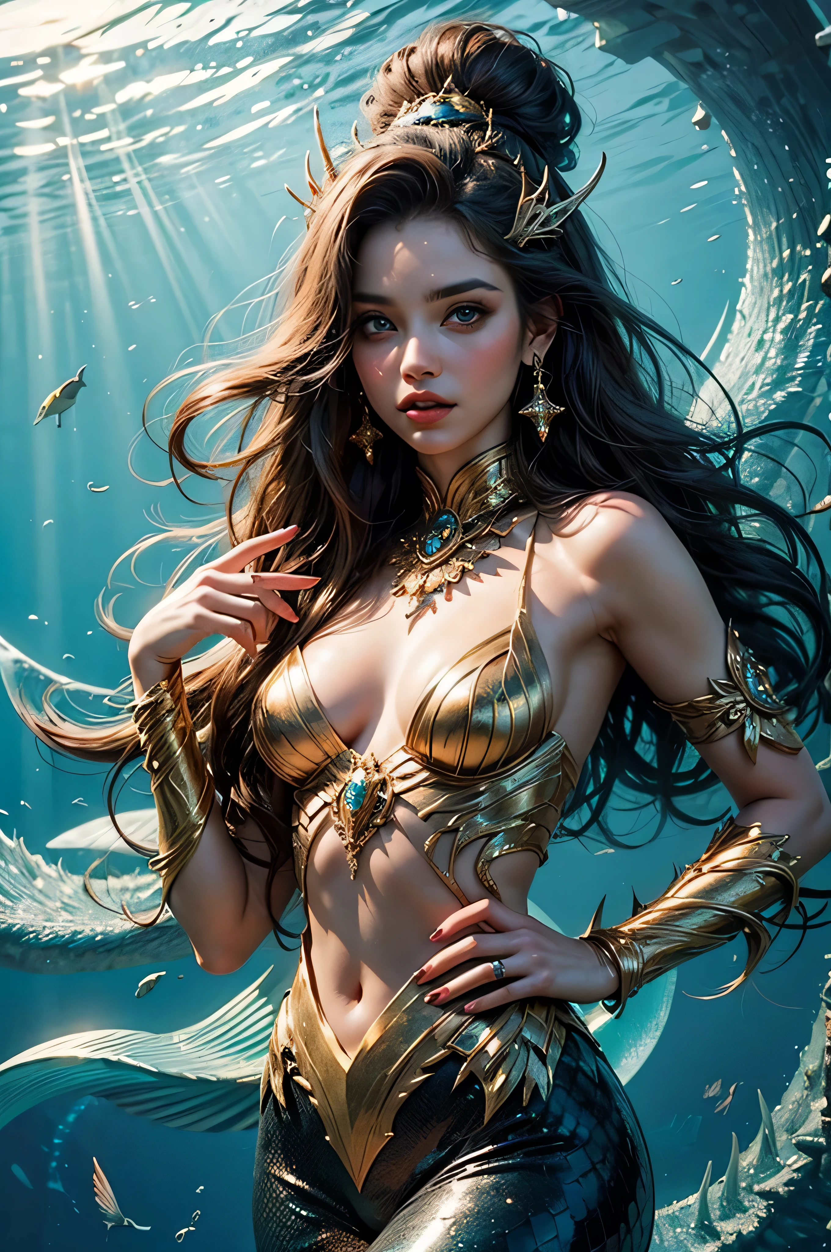 Perfect lips, perfect face, highly detailed lips, Highly detailed face, Aries image,Magical golden Aries astrolabe,Aries character in a mermaid costume,(The upper body is the image of the human body, The lower body is the body image of a fish),((Charming Aries female character:1.2),(Aries symbol:1.1),under sea World background,atlantis background,The waves,A sense of mystery,Cosmic elements,Majestic and deep atmosphere,Gorgeous decorative details,mesmerizing eyes,long hair flowing,starlight embellishment,dream colors), mermaid aesthetics, mermaid outfits, water effects from hands, wielding trident