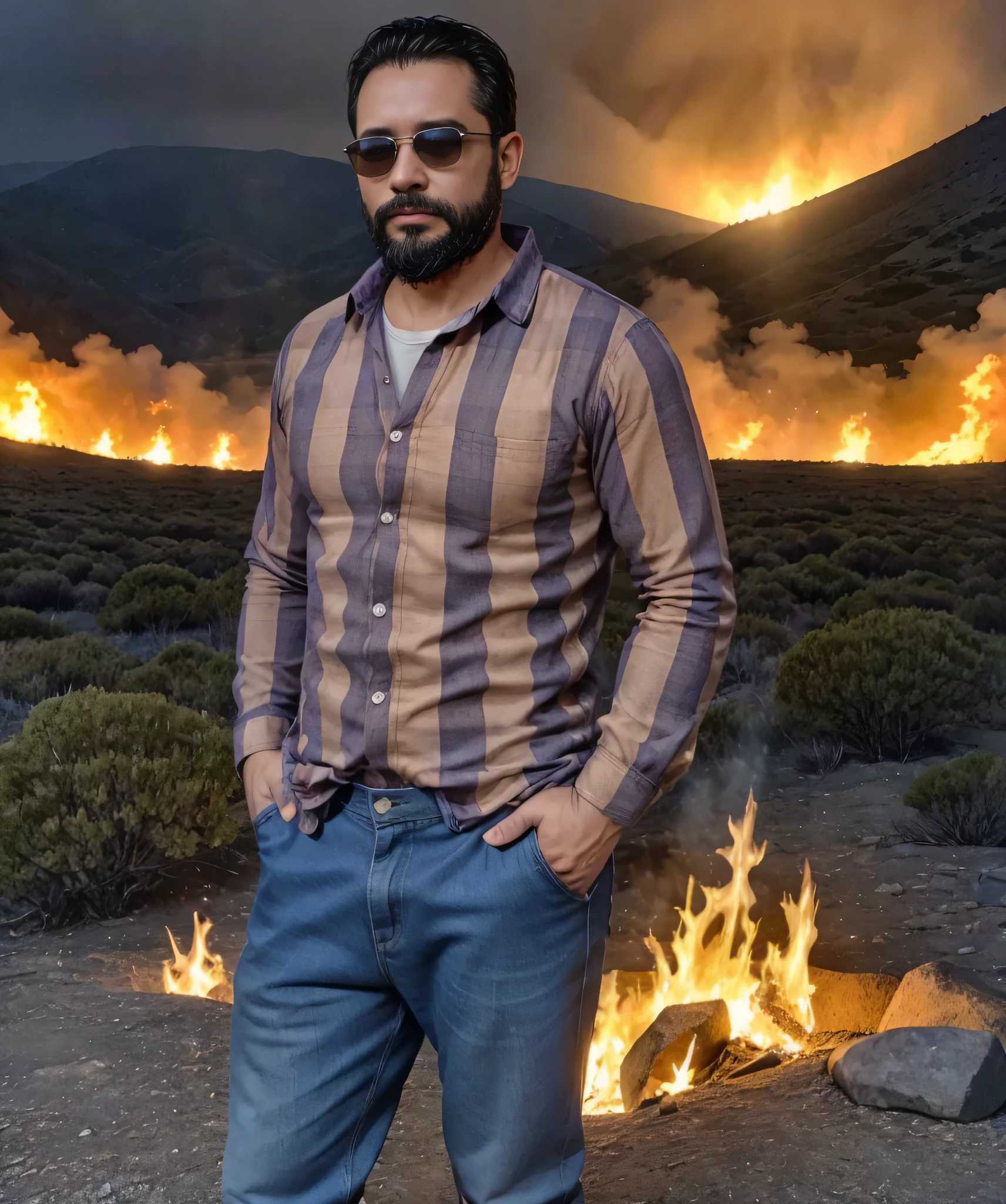 Obra maestra, desenfoque de campo, Parte superior del cuerpo, hands in pants pockets , 38 year old man with beard and square sunglasses. Man wearing a plaid shirt on a mountain with a fire storm in the background. Hay una nave extraterrestre en el cielo.