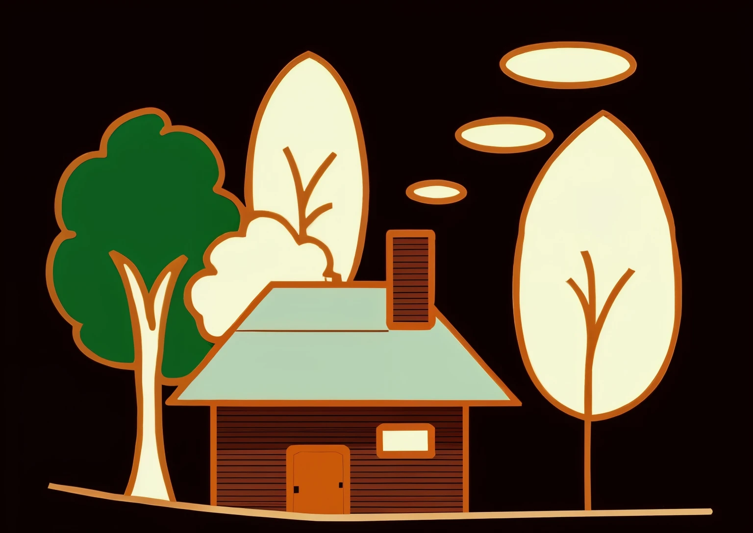 A black and white drawing，A house with a tree and an angel, A home in the forest sticker, Simple drawing, house in forest, house in woods, house on background, simple line art, Minimalist line drawing, There are trees, 森林里的Small house, outline drawing, Small house, house in forest, house background
