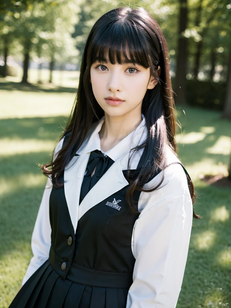 ( masterpiece, top quality, best quality,8k,17 years old girl,ultra detailed,raw photo:1.5),(photorealistic:1.4), (long black hair,bangs:1.5), (cinematic lighting), PerfectNwsjMajic, , Surrealism, UHD, ccurate, Super detail, textured skin, High detail, Best quality, dynamic angle, (high nose,White skin),[Beautiful blue eyes],[flat chest:large breasts:0.5],(1girl),(good anatomy:0.5)),(outside:1.5),Homely uniform 
