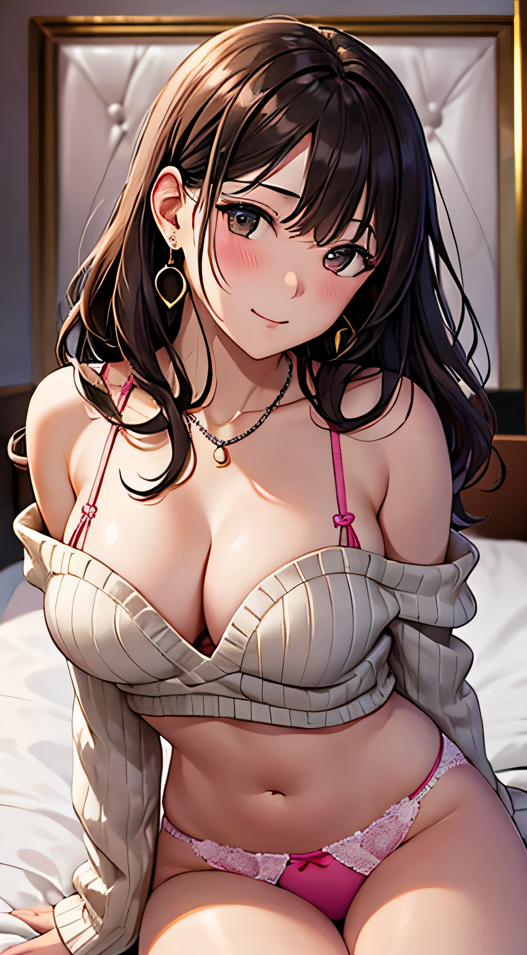 (table top, highest quality, High resolution, , perfect pixel, 4k,), 1 girl, single, alone, Beautiful woman、I could see the whole body、 ((wavy middle hair, bangs, brown hair)), ((brown eyes, beautiful eyelashes, realistic eyes)), ((detailed face, blush:1.2)), ((smooth texture:0.75, realistic texture:0.65, realistic:1.1, Anime CG style)), medium breasts, dynamic angle, perfect body, ((Pink lace panties are visible, beige off shoulder sweater、、black stockings、cute necklace、earrings、)), upper grade、shy smile、Luxury hotel room、sleep on your back in bed、((open legs))、angle from below、Put your arms together to accentuate your cleavage、、(())、