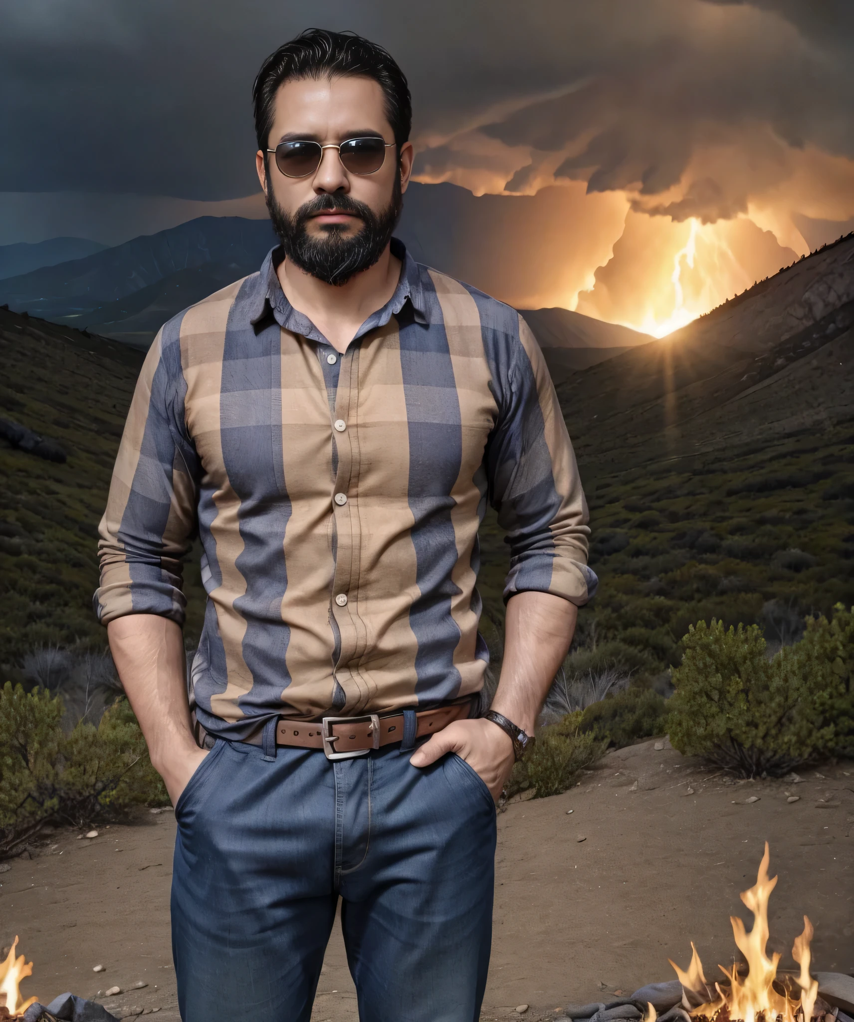 Obra maestra, desenfoque de campo, Parte superior del cuerpo, hands in pants pockets , 38 year old man with beard and square sunglasses. Man wearing a plaid shirt on a mountain with a fire storm in the background.