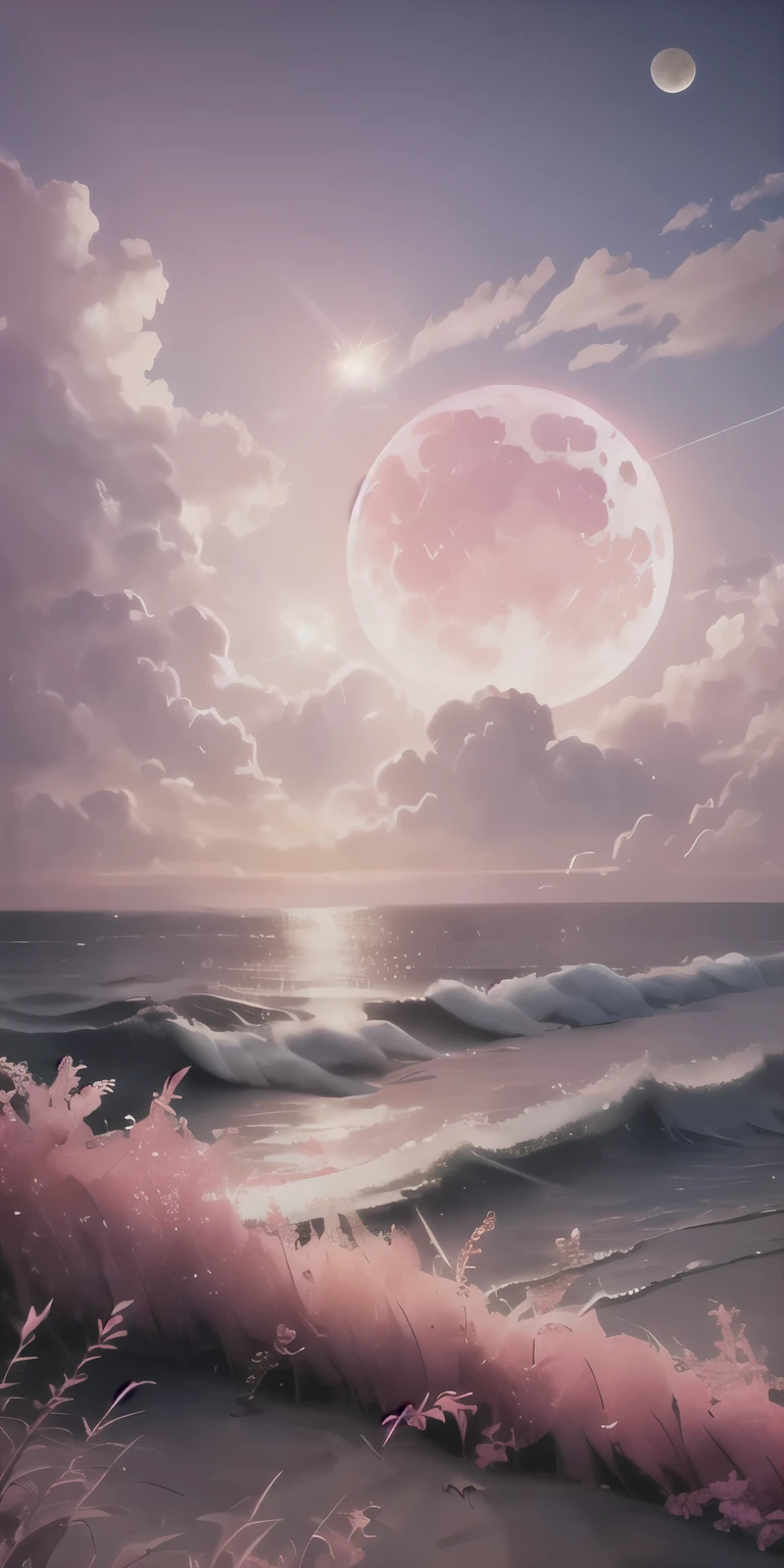 pink moon, pink sky, Soft pink clouds, pink waves Glittering, Glittering, Pink roses on a pink ocean, fantasy, soft light, ultra high definition, realism, movie effect, lens flare, Aperture 16