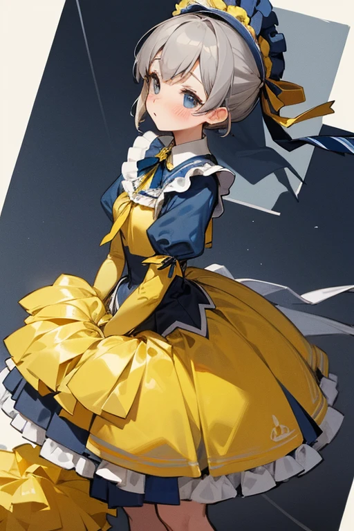 short gray hair, blush, cheerleader、Headbang 2.、Navy blue and yellow clothes、Elegant Lolita、Victorian Maiden、