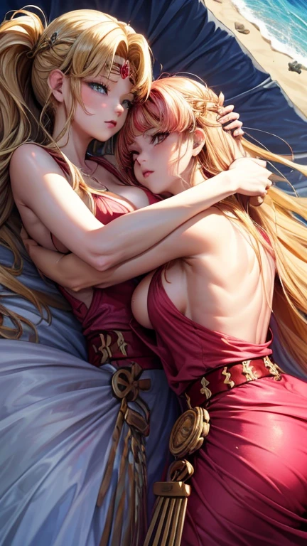 2 women, blonde very long hair, red eyes, wearing a sexy pink dress, side slit, ultrasharp, looking at the viewer, ((best quality)), ((masterpiece)), (detailed), perfect face, big breast, sexy body, sexy woman on top of her, hugged, An anime scene of two girls hugging and kissing intensely, with hearts and sparkles floating around them as they lie down on beach