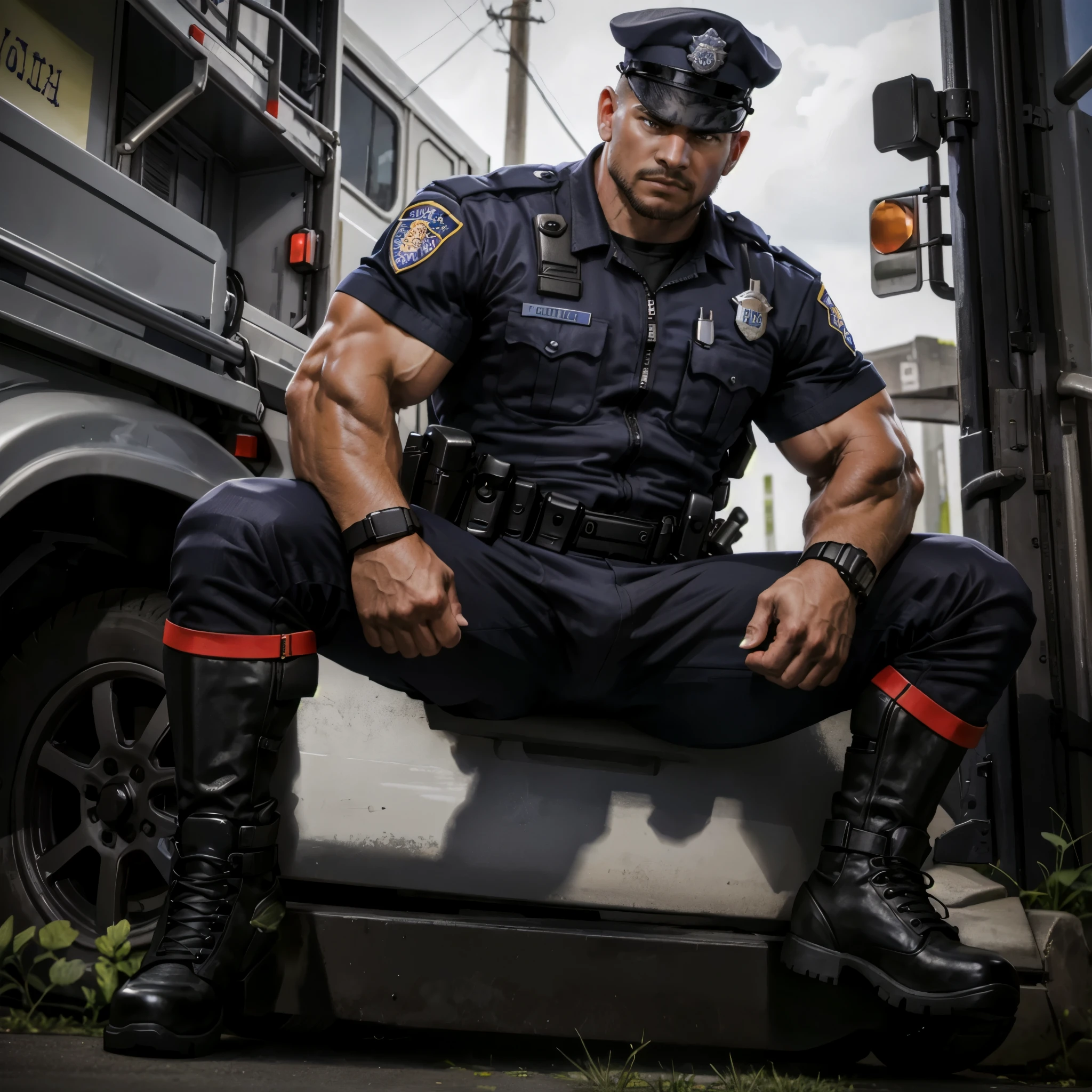 A (muscular), masculine, handsome (police officer) wearing a (tight police uniform) (sitting on the hood of a police cruiser) with his legs spread apart. High quality, best quality, masterpiece, realistic, photorealistic, (((((whole body))))), (((((full shot))))). 