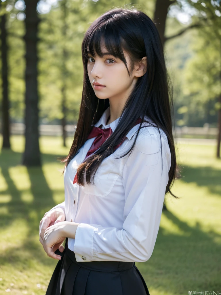 ( masterpiece, top quality, best quality,8k,17 years old girl,ultra detailed,raw photo:1.5),(photorealistic:1.4), (long black hair,bangs:1.5), (cinematic lighting), PerfectNwsjMajic, , Surrealism, UHD, ccurate, Super detail, textured skin, High detail, Best quality, dynamic angle, (high nose,White skin),[Beautiful blue eyes],[flat chest:large breasts:0.5],(1girl),(good anatomy:0.5)),(outside:1.5),Homely uniform 