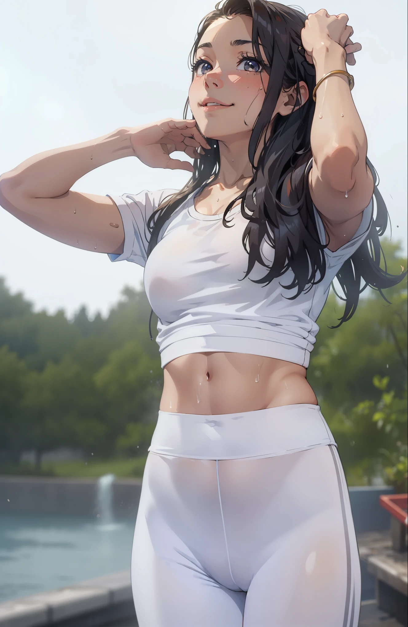 girl, sweat, steam, medium , shy, detailed hand, looking at viewer, light smile,