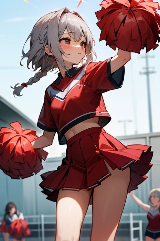 short gray hair, blush, cheerleader、Headbang 2.、Red clothes、Braid、