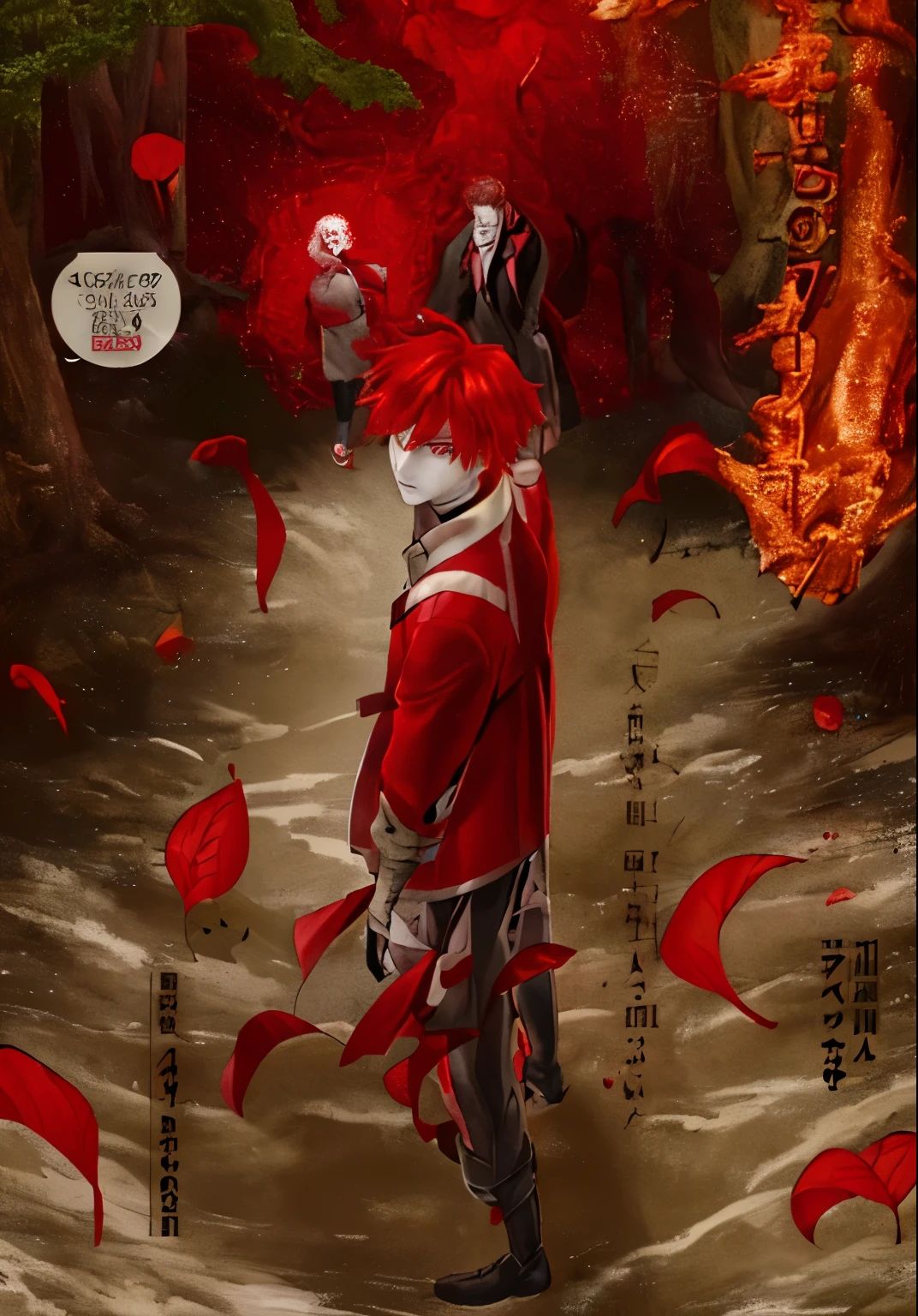 forest, stark, sousou no frieren, 1boy, red hair, red eyes, red jacket,