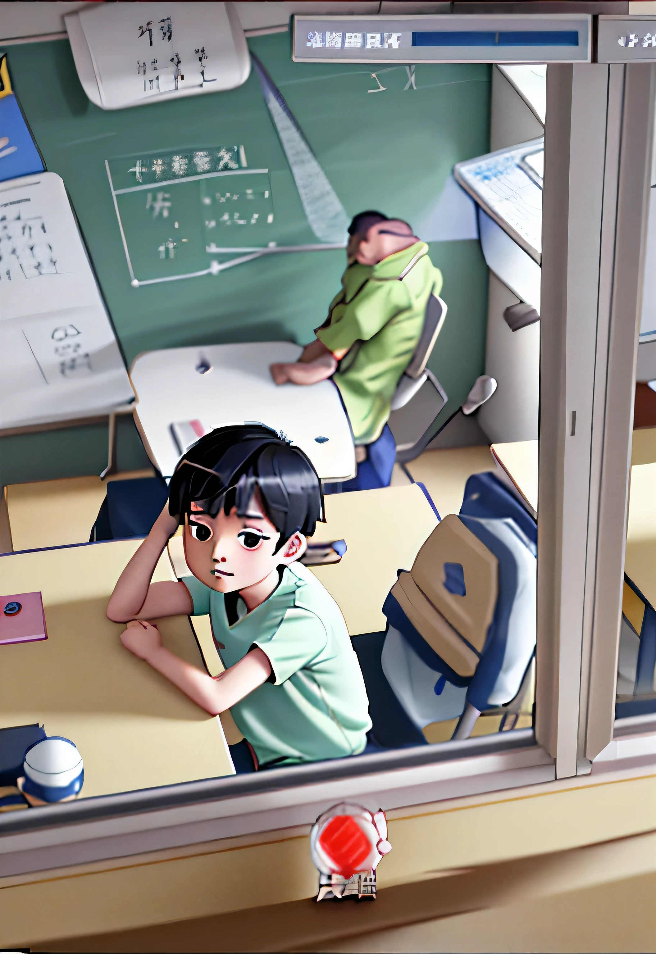 Cartoon scene of a boy sitting at a desk in the classroom, anime stills, Screenshots from animated movies, Still from TV animation, Anime movie stills, Still from anime, Xin Haicheng&#39;s style, Inspired by Goro Fujita, Typical animation classroom, in Xin Haicheng&#39;s style, Drawing in animation artist studio, anime stills